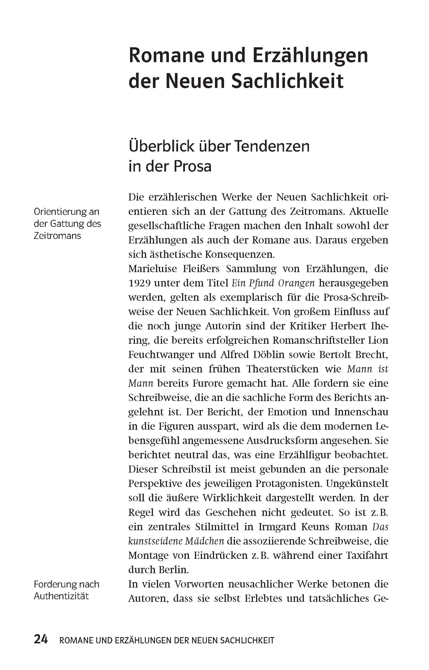 Klett Lektürehilfen Neue Sachlichkeit Eine Seite aus einem deutschen Buch, in dem Trends in der Prosa der Neuen Sachlichkeit diskutiert werden, mit Überschriften, einer Seitenleiste und einem Haupttext über Erzählformen und literarische Einflüsse.