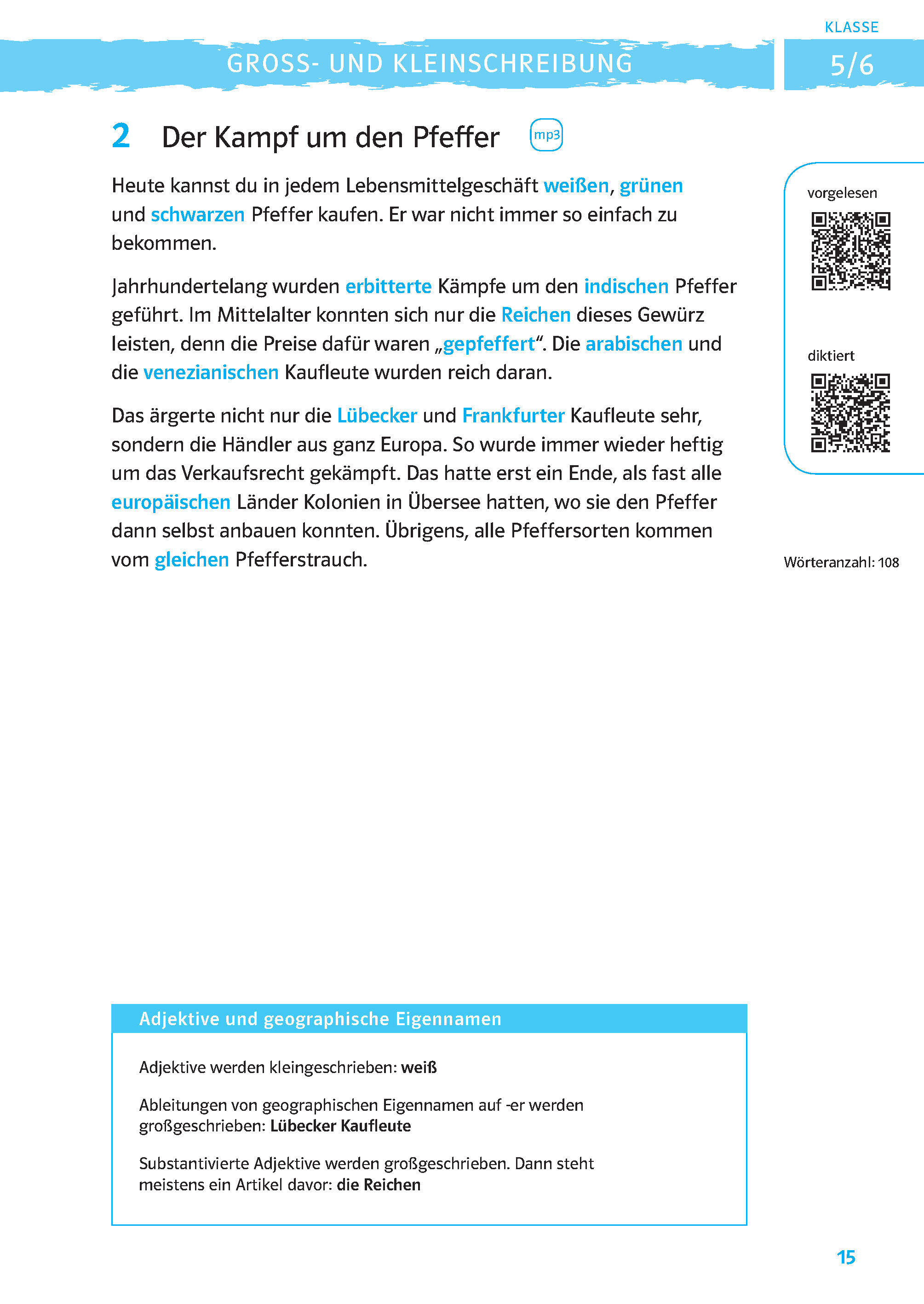 Eine Lehrbuchseite erklärt die Geschichte des Pfeffers und hebt seinen Wert in Europa hervor. Sie enthält Randnotizen zu kommentierten und diktierten Texten, wobei einige Stichwörter in blauer Schrift erscheinen.