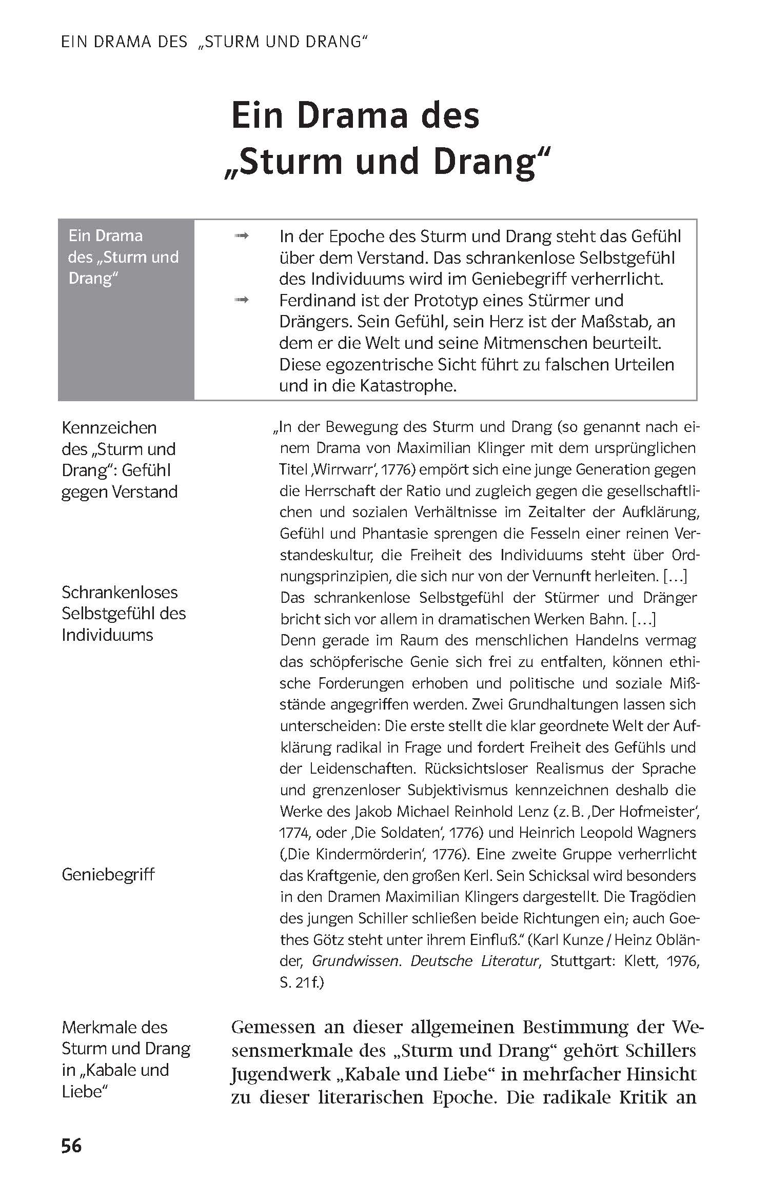 Klett Lektürehilfen Friedrich Schiller, Kabale und Liebe Eine deutschsprachige Lehrbuchseite über den Sturm und Drang mit einer Seitenleiste mit Schlüsselbegriffen und einem Hauptteil, in dem die literarische Bewegung erklärt wird.