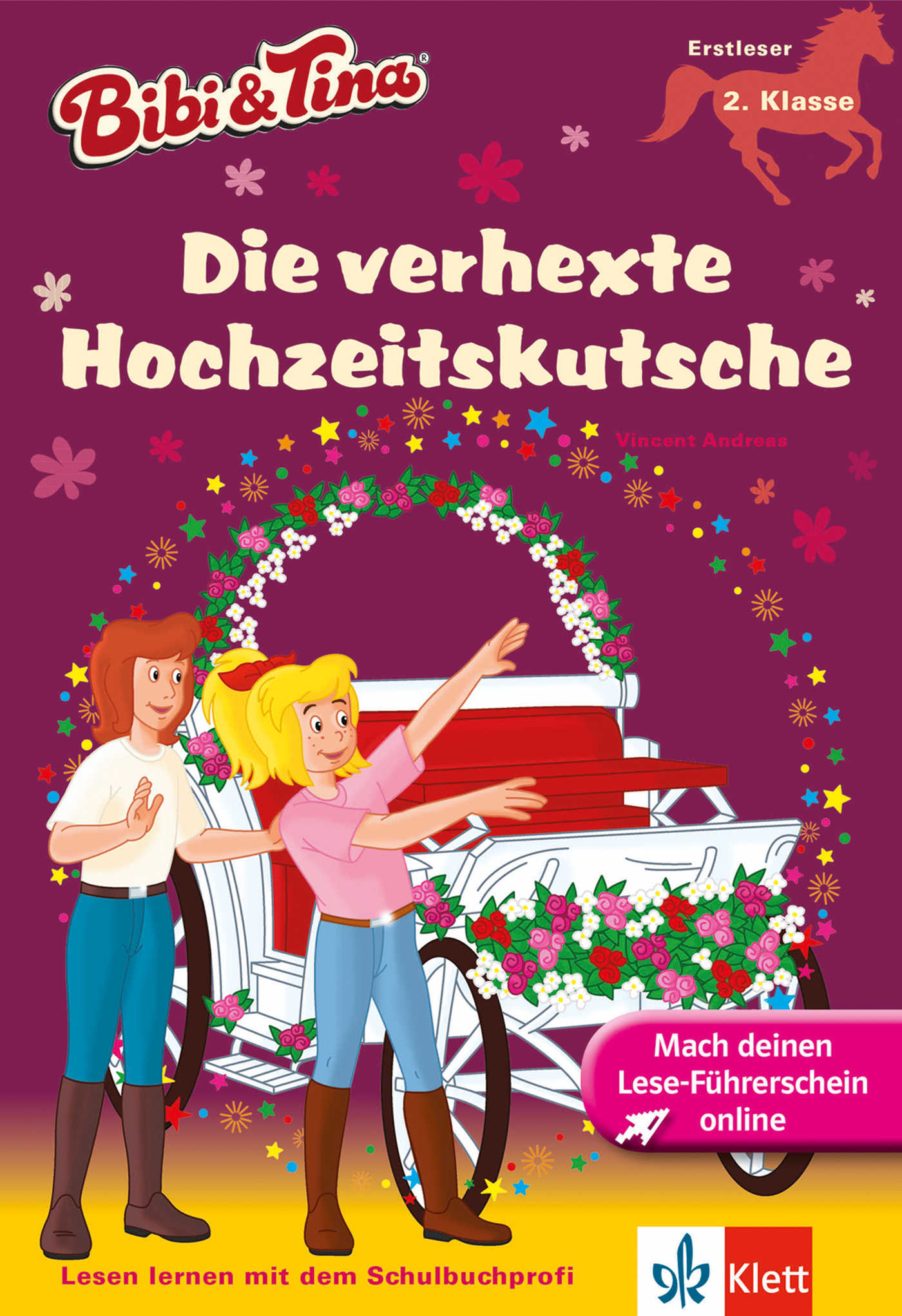 Bibi und Tina stehen neben einer weißen, blumengeschmückten Hochzeitskutsche auf dem Cover eines deutschen Kinderbuchs mit dem Titel Die verhexte Hochzeitskutsche.