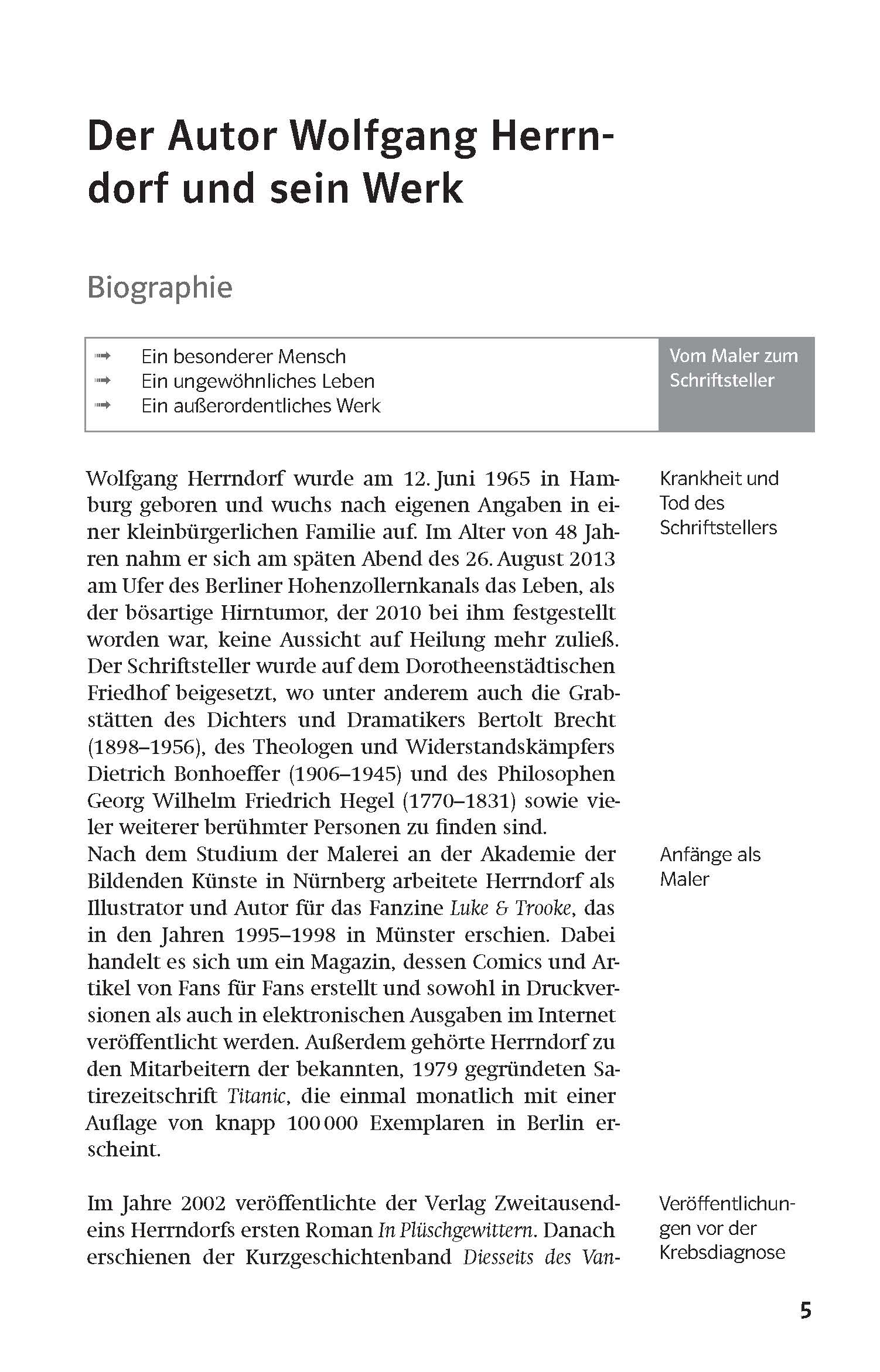 Eine deutschsprachige Biografieseite mit einem Text über den Autor Wolfgang Herrndorf und einer Seitenleiste, die die wichtigsten Stationen seines Lebens und Werks beschreibt.