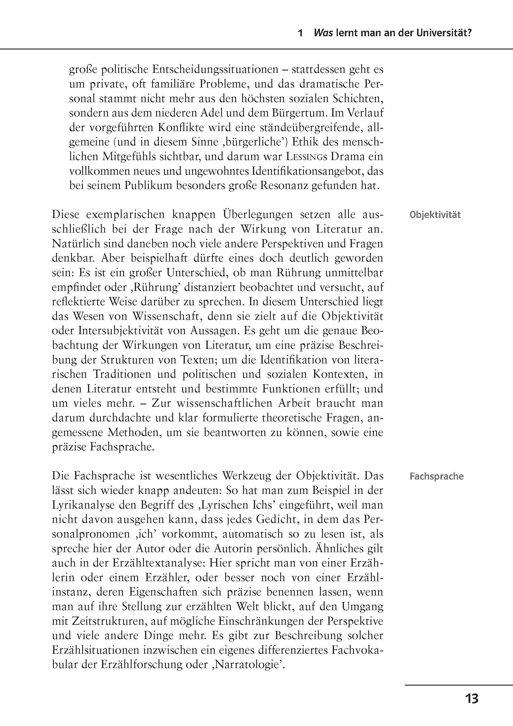 Klett Uni Wissen Arbeitstechniken Germanistik Eine Seite aus einem deutschen Lehrbuch mit dichtem, zweispaltigem Text, der Seitenzahl 13 unten rechts und der Abschnittsüberschrift Objektivität am rechten Rand.