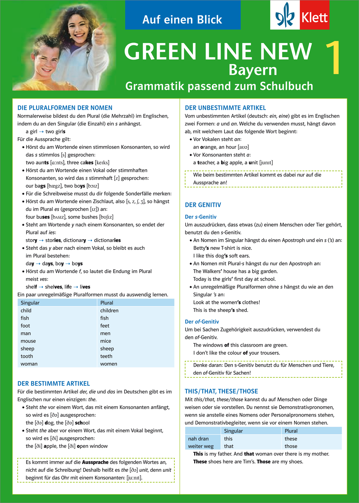Green Line New Bayern 1 - Auf einen Blick Infografik zum Lernen der deutschen Sprache mit dem Titel GREEN LINE NEW 1 Bayern, mit Grammatikregeln und Beispielen zu Plural, unbestimmtem und bestimmtem Artikel.