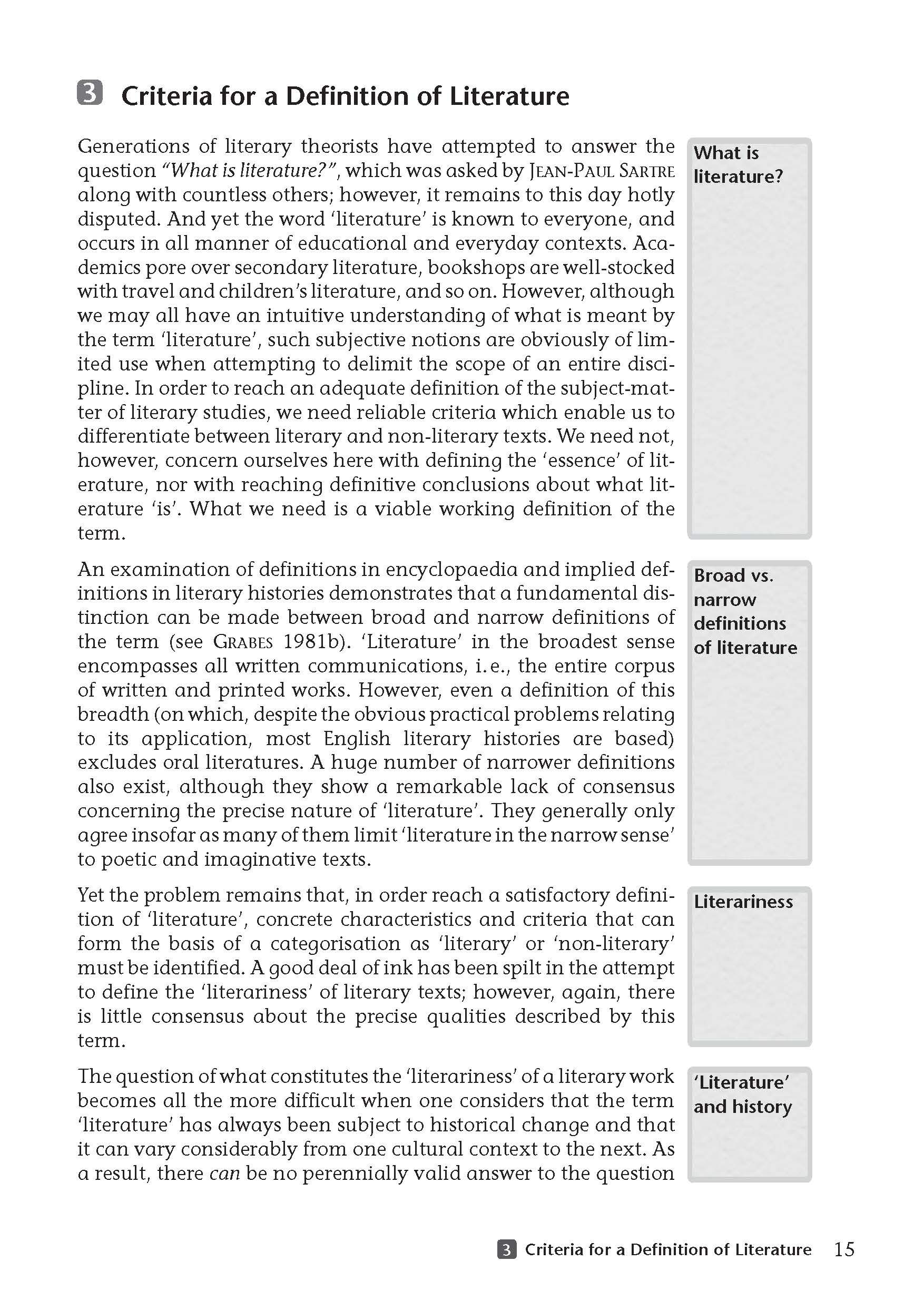 Uni Wissen An Introduction to the Study of English and American Literature Auf einer Lehrbuchseite mit dem Titel Criteria for a Definition of Literature (Kriterien für eine Definition von Literatur) werden die Herausforderungen bei der Definition von Literatur erörtert, mit Nebenbemerkungen zu den Themen What is literatur...