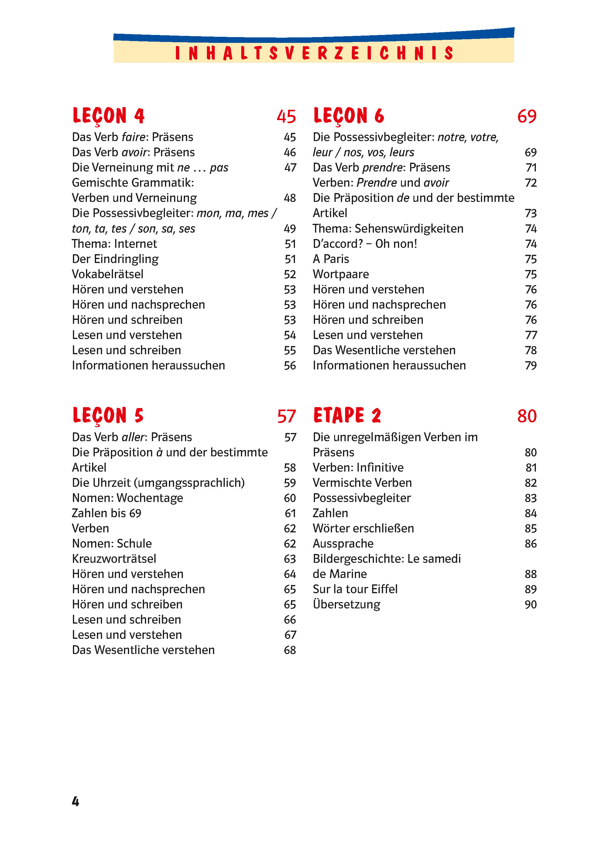 Inhaltsverzeichnis in Deutsch und Französisch mit Lektionen zu Verben, Pronomen und Wortschatz, geordnet nach Lektionsnummern und Seitenzahlen in roter und schwarzer Schrift.