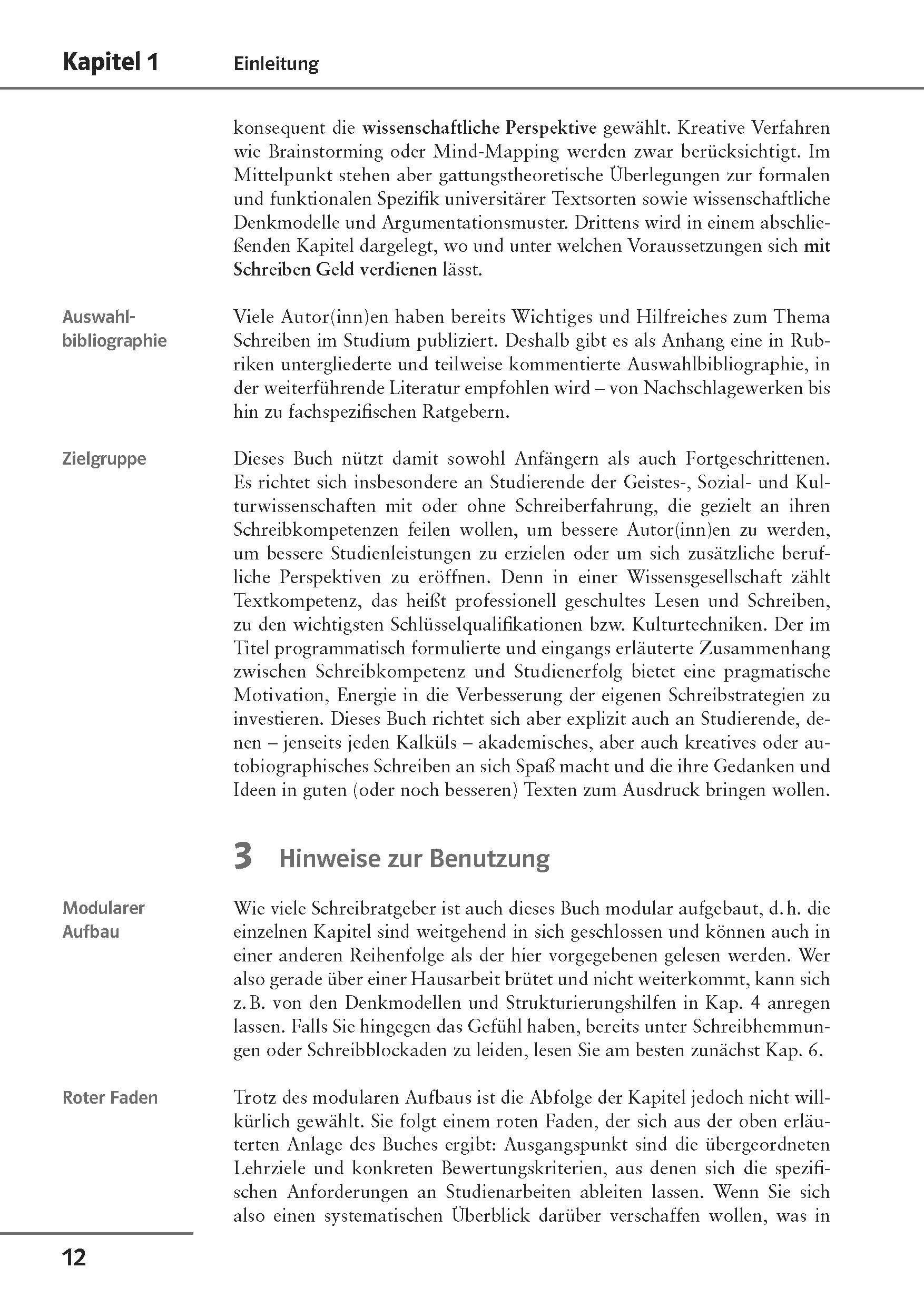 Uni Wissen Schreibkompetenzen: Erfolgreich wissenschaftlich schreiben Eine Lehrbuchseite in deutscher Sprache mit Abschnitten mit den Titeln Auswahlbibliographie, Zielgruppe und Roter Faden, einschließlich Textabschnitten unter jeder Überschrift und der Seitenzahl 12 am unteren Rand.