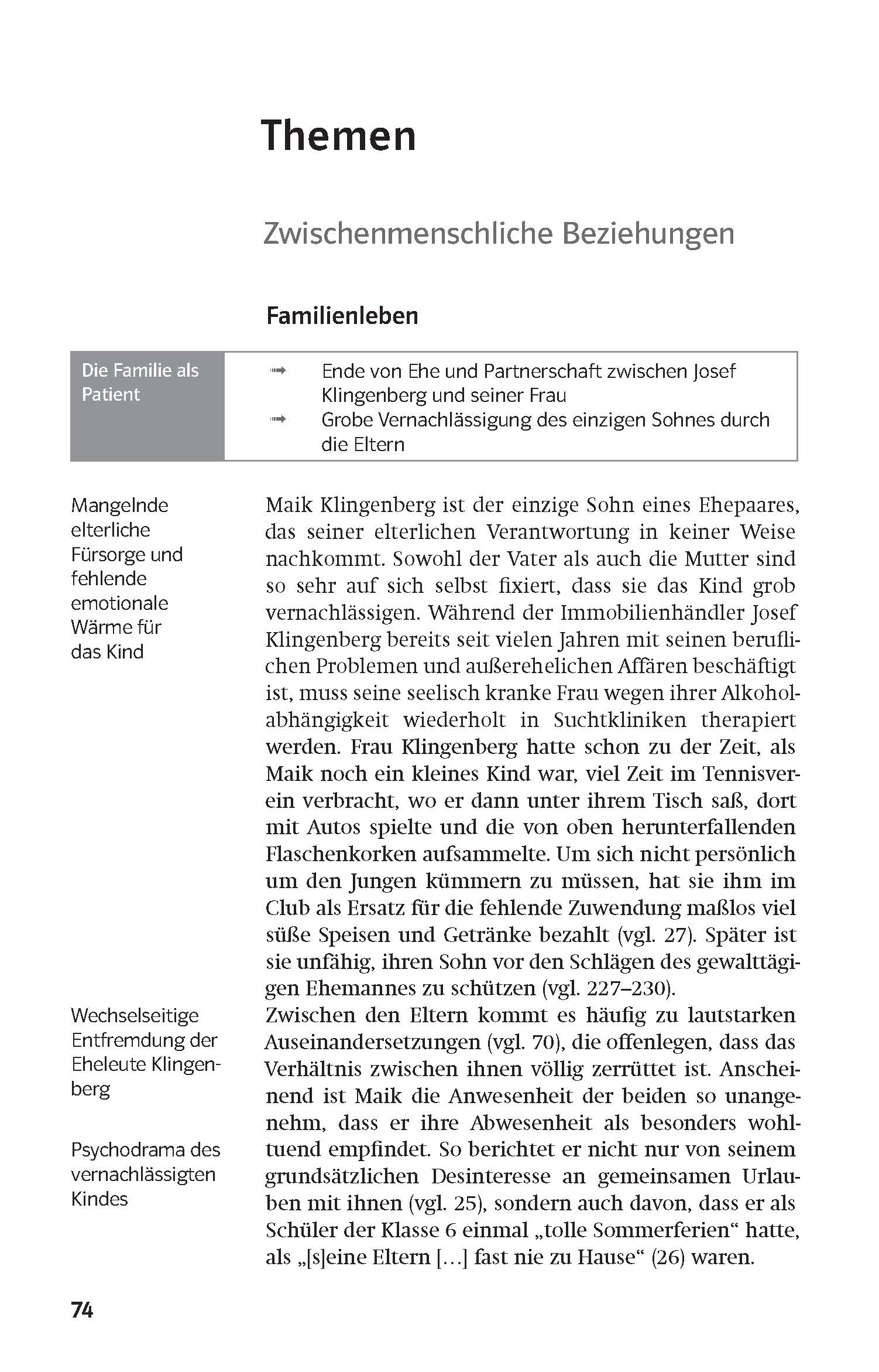 Eine Lehrbuchseite mit dem Titel Themen: Zwischenmenschliche Beziehungen werden Familienrollen und -dynamiken erörtert, wobei der Schwerpunkt auf den Erfahrungen von Maik Klingenberg und seinen Eltern liegt.