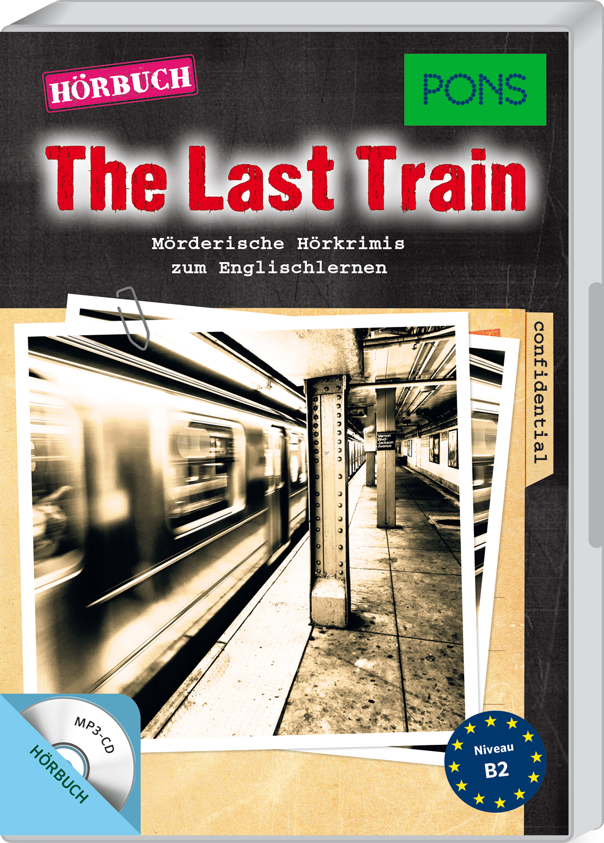 Das Cover von The Last Train, einem deutsch-englischen Hörbuch für Lerner auf B2-Niveau, zeigt das unscharfe Bild eines Zuges in einem Bahnhof und den Hinweis, dass es sich um einen Krimi handelt.