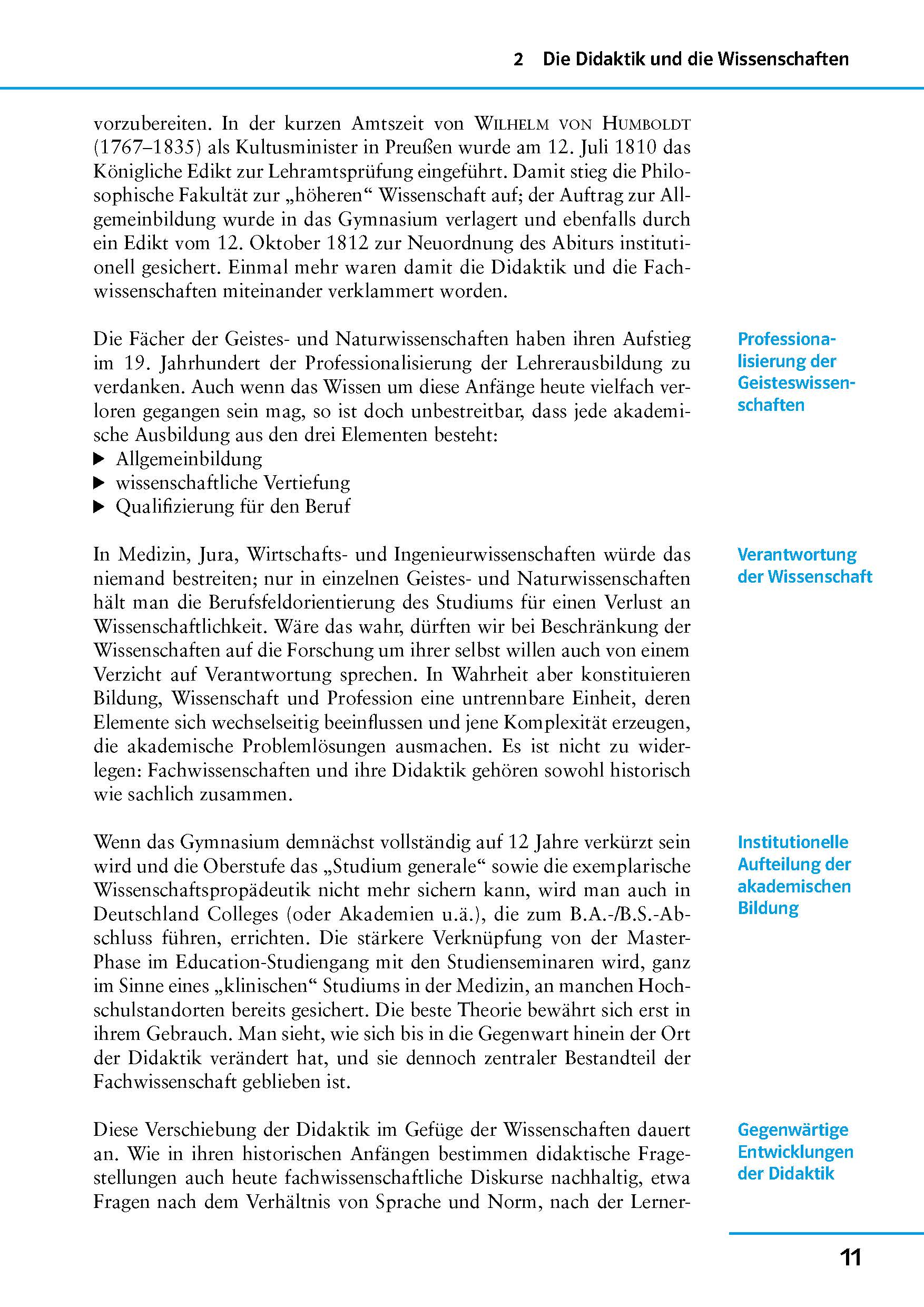 Eine Seite aus einem akademischen Buch über Wilhelm von Humboldts Bildungsreformen, mit hervorgehobenen Stichworten und einer Seitenleiste mit dem Titel Wissenschaften.