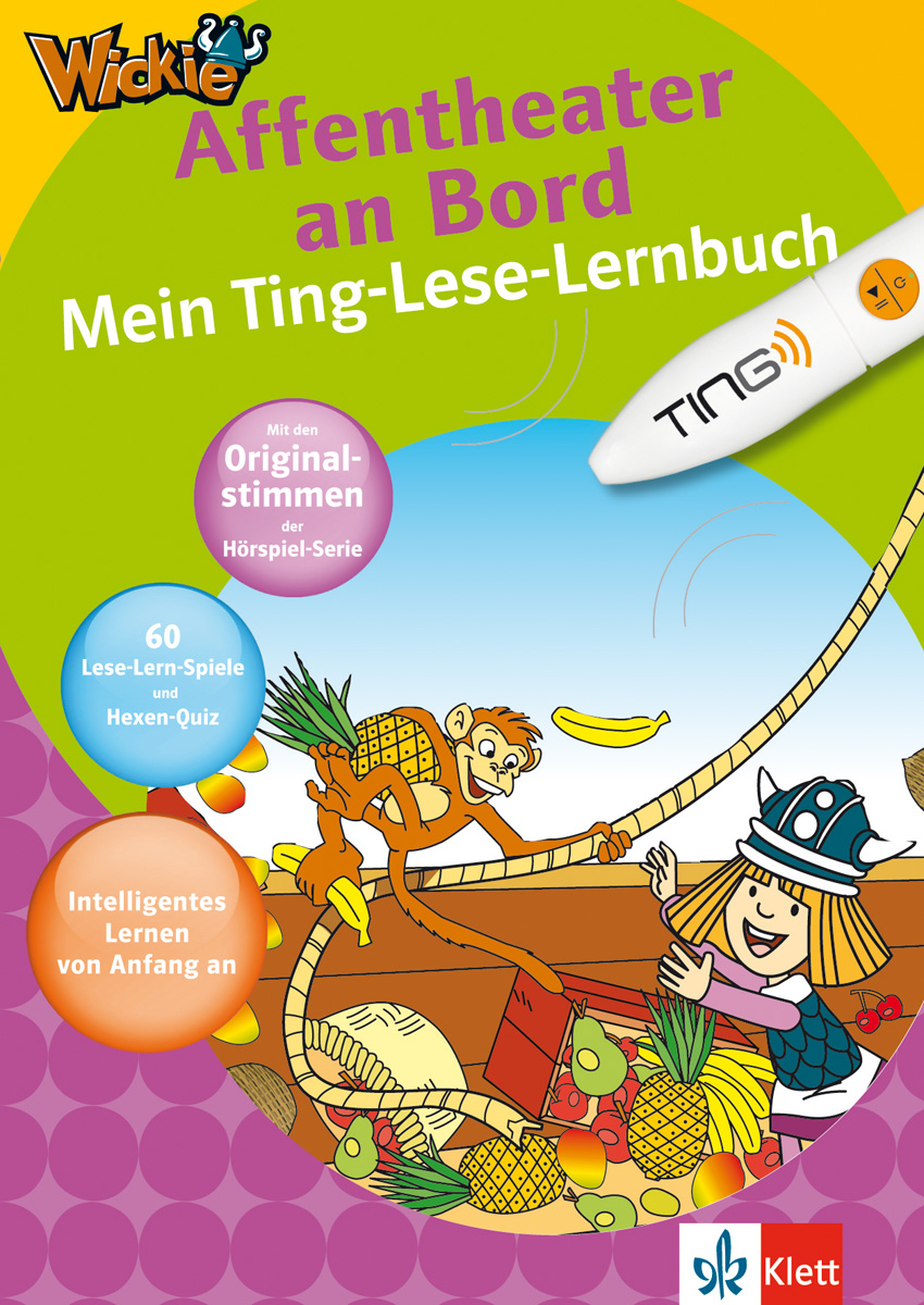 Affentheater an Bord Buntes Buchcover mit Zeichentrickfiguren, Obst und einem Stift mit der Aufschrift Ting; deutscher Text wirbt für ein Lernbuch mit Spielen und Quiz für Kinder.
