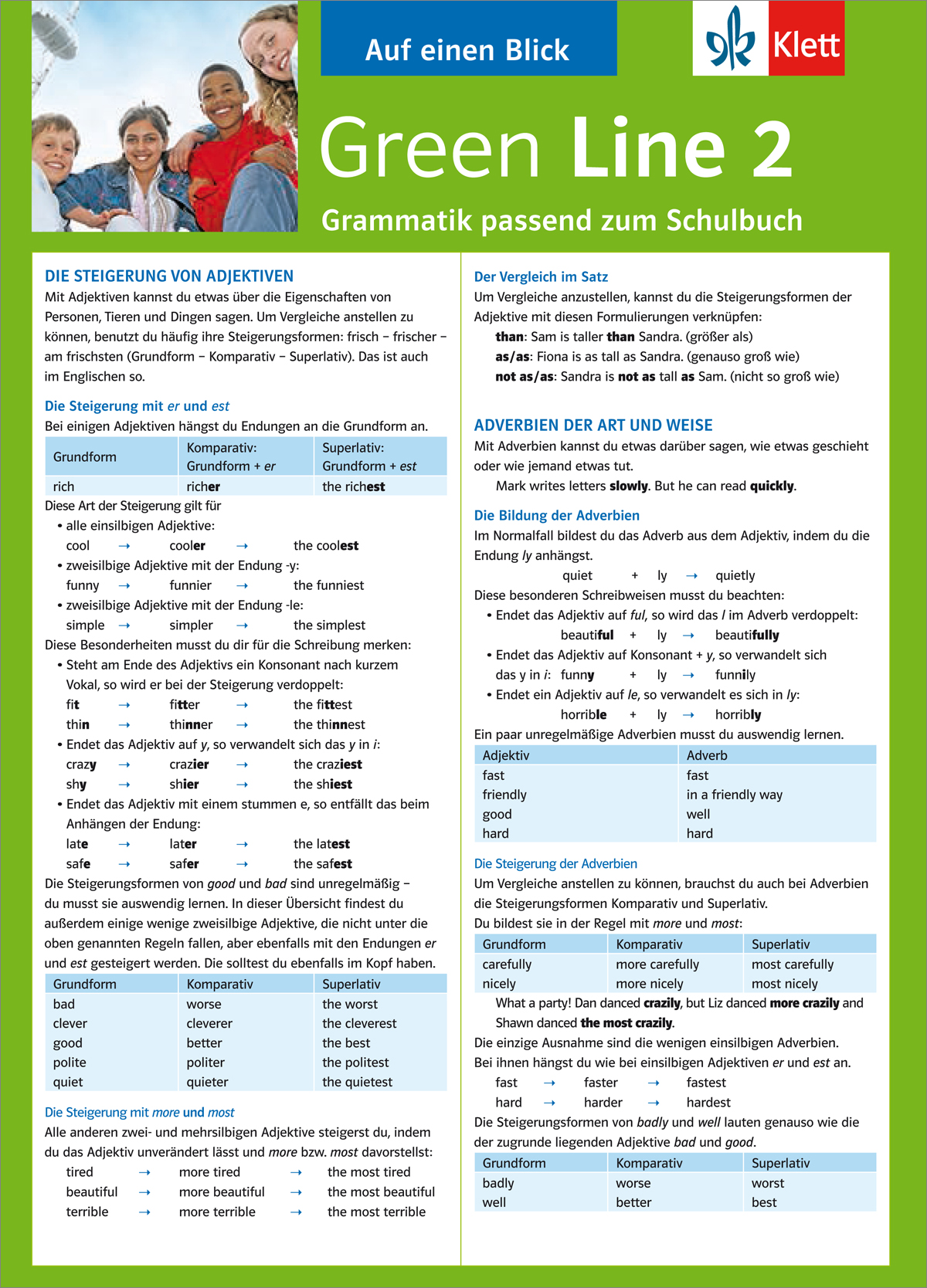Green Line 2 - Auf einen Blick Ein deutschsprachiges Grammatikblatt mit dem Titel Green Line 2 zur Erklärung von Adjektiv- und Adverbvergleichen, mit Regeln, Beispielen und farblich gekennzeichneten Abschnitten. Oben sind vier lächelnde Kinder abgebildet.