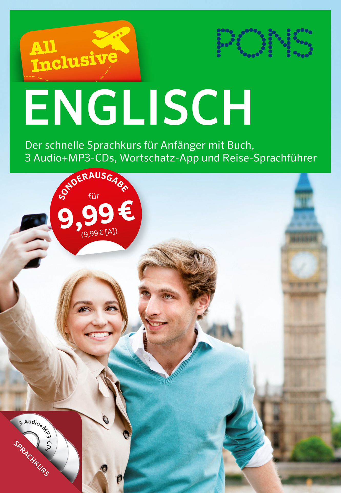 Eine lächelnde junge Frau und ein Mann machen ein Selfie vor dem Big Ben. Das Bild wird auf dem Cover eines deutsch-englischen Sprachlernbuchs von PONS verwendet.