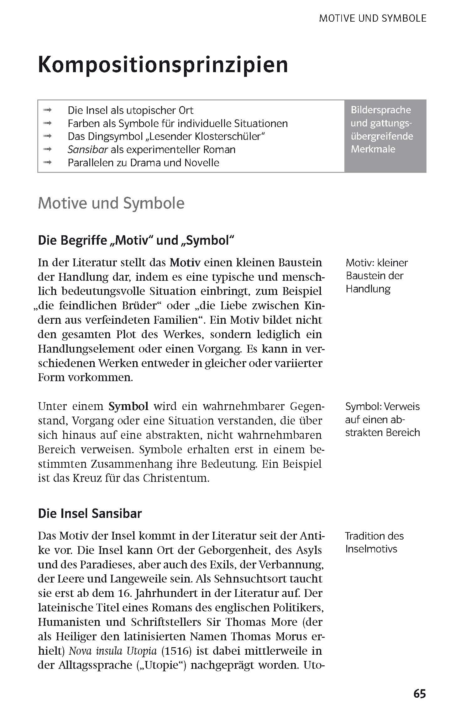 Eine deutsche Lehrbuchseite mit dem Titel Kompositionsprinzipien erklärt die literarischen Konzepte von Motiv und Symbol mit Beispielen und einem hervorgehobenen Infokasten.