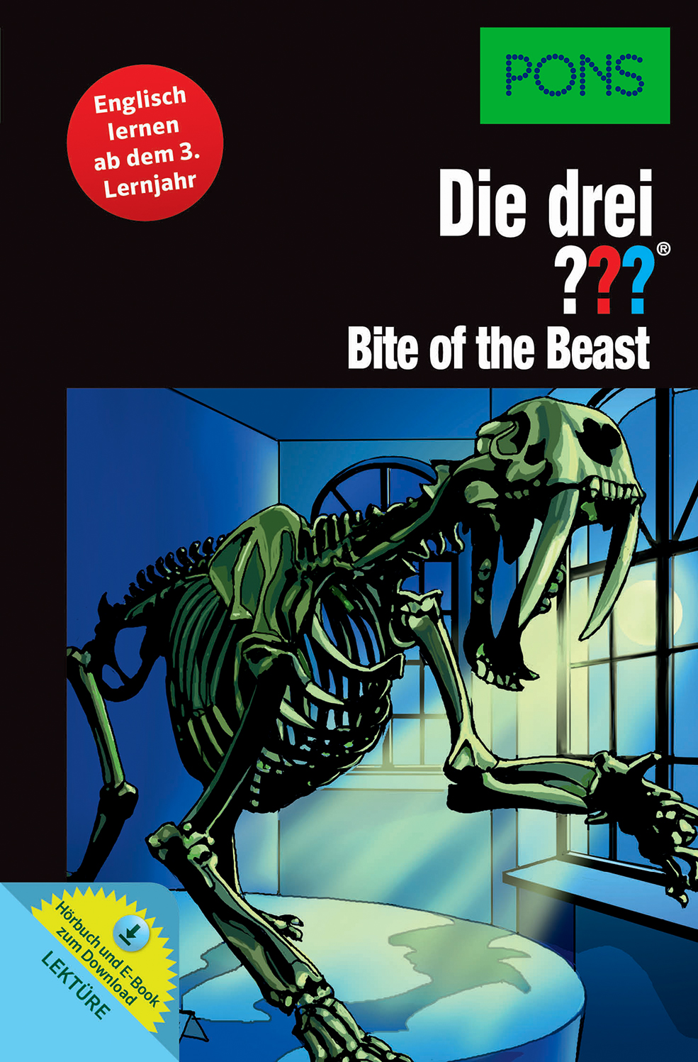 Eine skelettierte Tierfigur steht bedrohlich in einem schwach beleuchteten Raum auf dem Cover eines deutsch-englischen Buches mit dem Titel Die drei ?? Biss der Bestie.