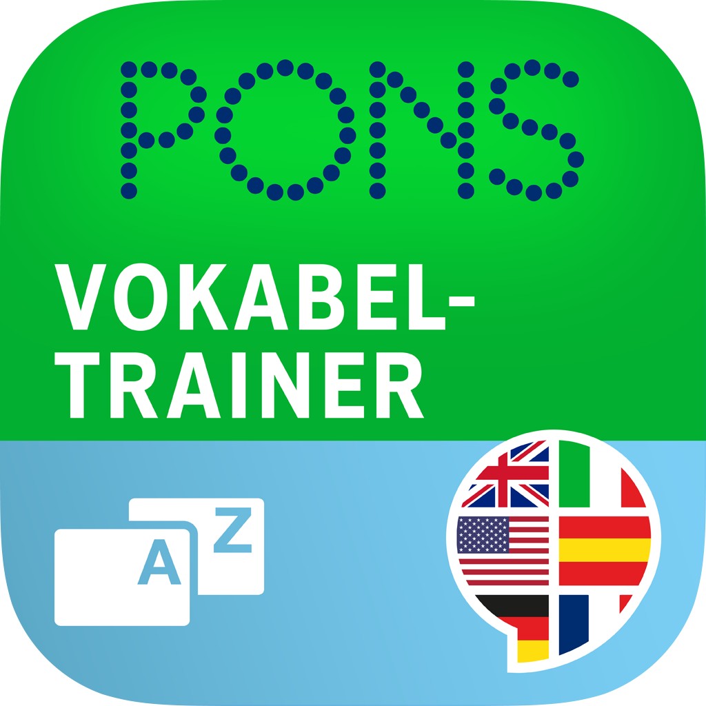 19333 PONS Vokabeltrainer App-Logo mit Text, einer Sprechblase mit mehreren Länderflaggen und A-Z Karteikarten auf grünem und blauem Hintergrund.