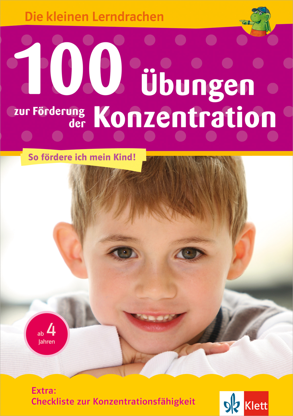 Buchumschlag mit dem Titel 100 Übungen zur Förderung der Konzentration, der ein lächelndes Kleinkind zeigt, empfohlen für Kinder ab 4 Jahren.