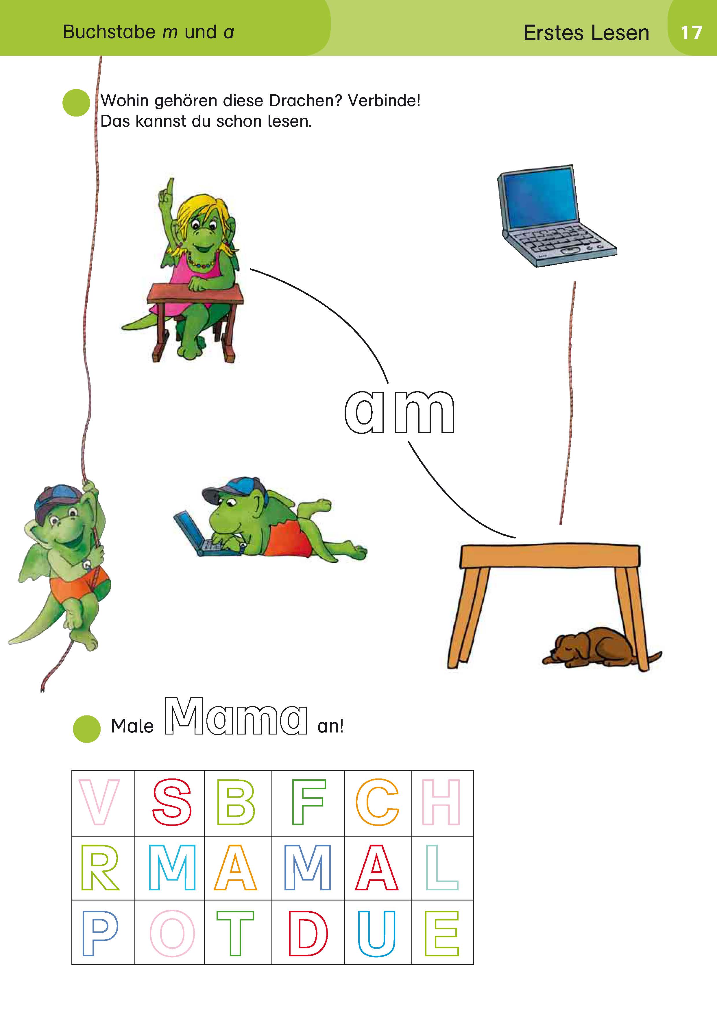 Drei Cartoon-Drachen sind mit einem Tisch, einem Laptop und dem Wort am verbunden. Ein Hund ist unter dem Tisch, und das Wort Mama ist zum Ausmalen mit farbigen Buchstaben darunter umrissen.