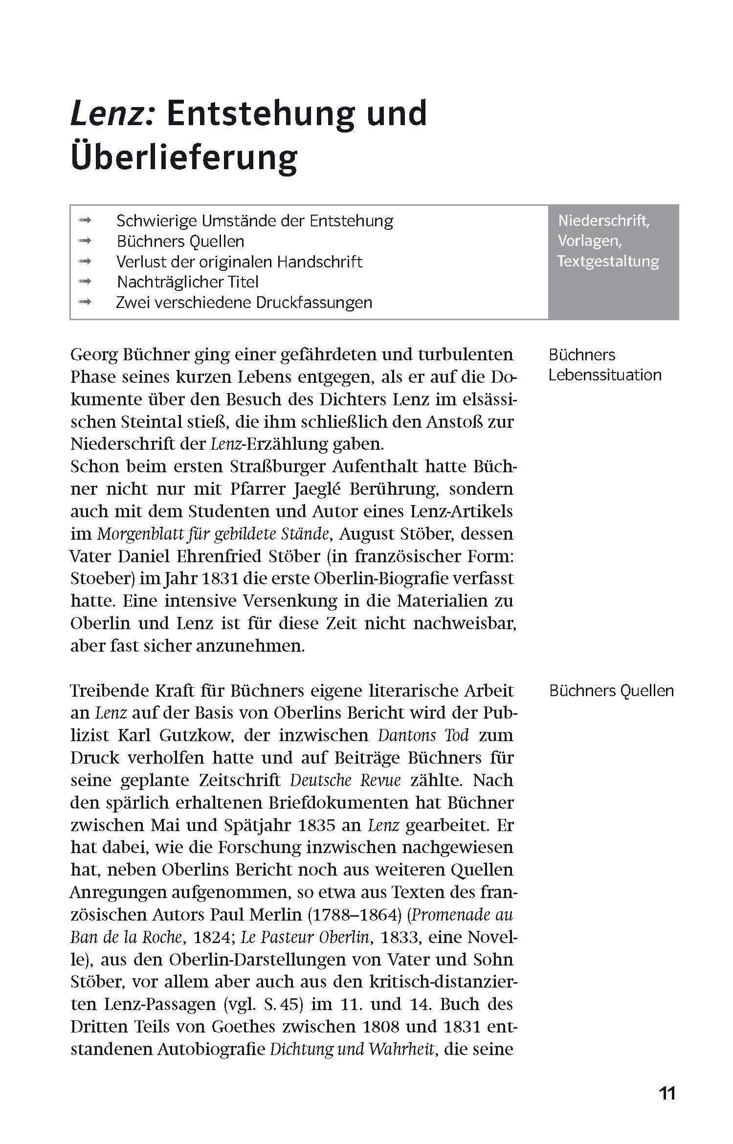Eine deutsche Textseite, die den Ursprung und die Überlieferung von Georg Büchners Lenz erörtert, mit Titeln, Abschnitten und hervorgehobenen Kästen auf der rechten Seite, die die wichtigsten Punkte zusammenfassen.