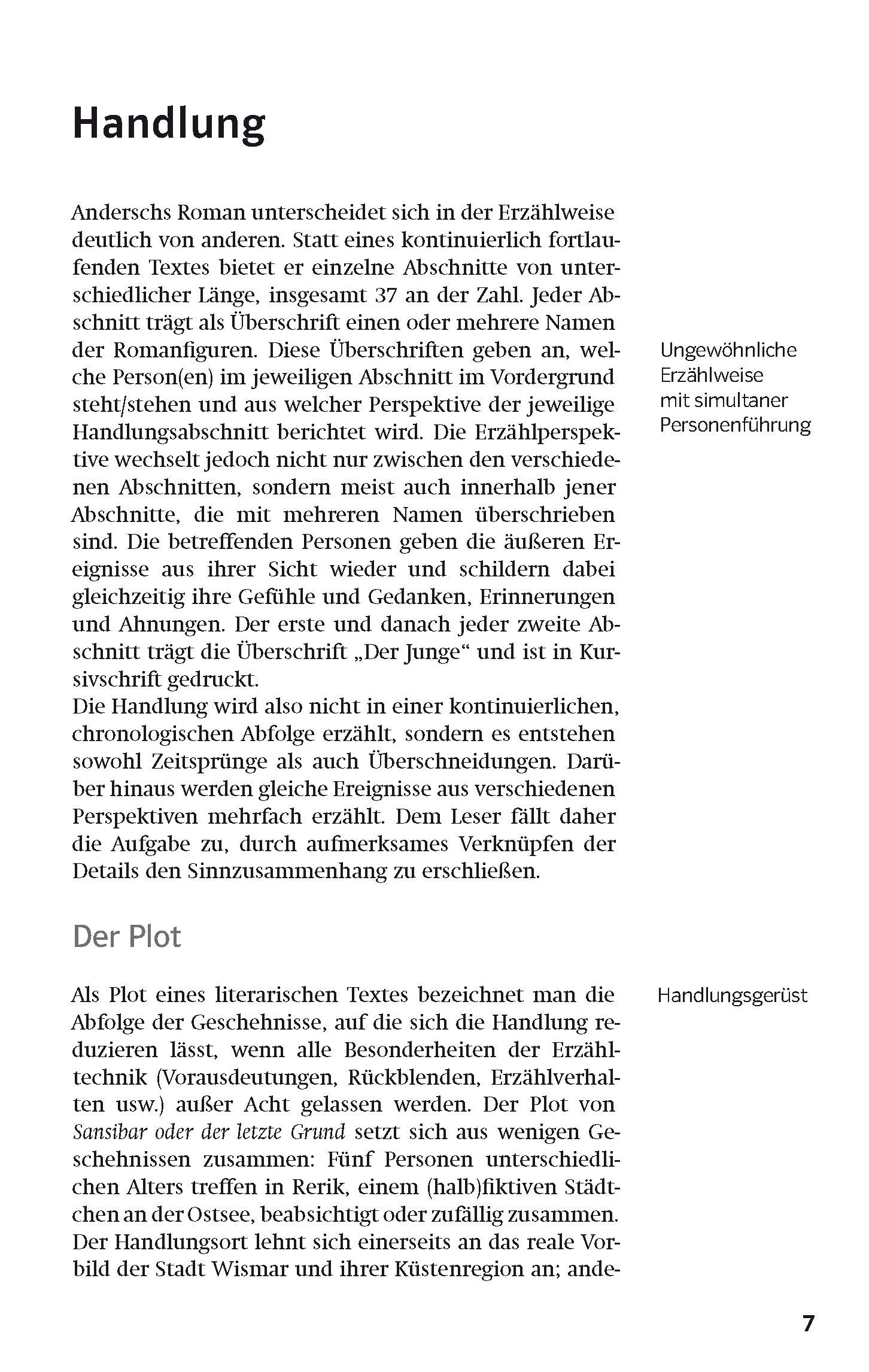 Eine Seite aus einem deutschen Buch trägt den Titel Handlung und einen Text, der die Erzählstruktur des Romans erläutert, mit einer Randbemerkung über unkonventionelles Erzählen.
