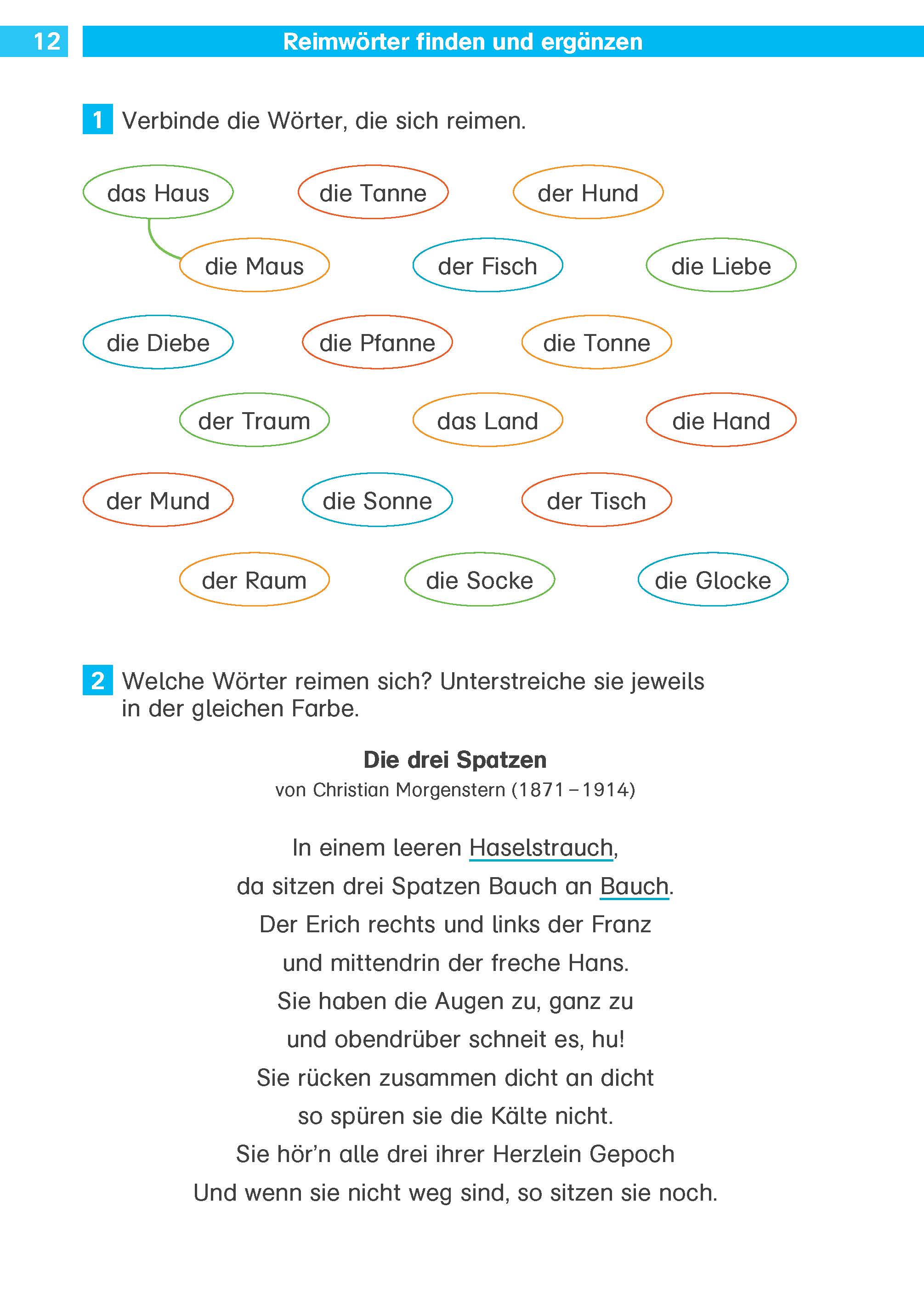 Ein Arbeitsblatt in deutscher Sprache mit gereimten Wortpaaren, die durch farbige Linien verbunden sind, und einem Gedicht mit dem Titel Die drei Spatzen von Christian Morgenstern (siehe unten).