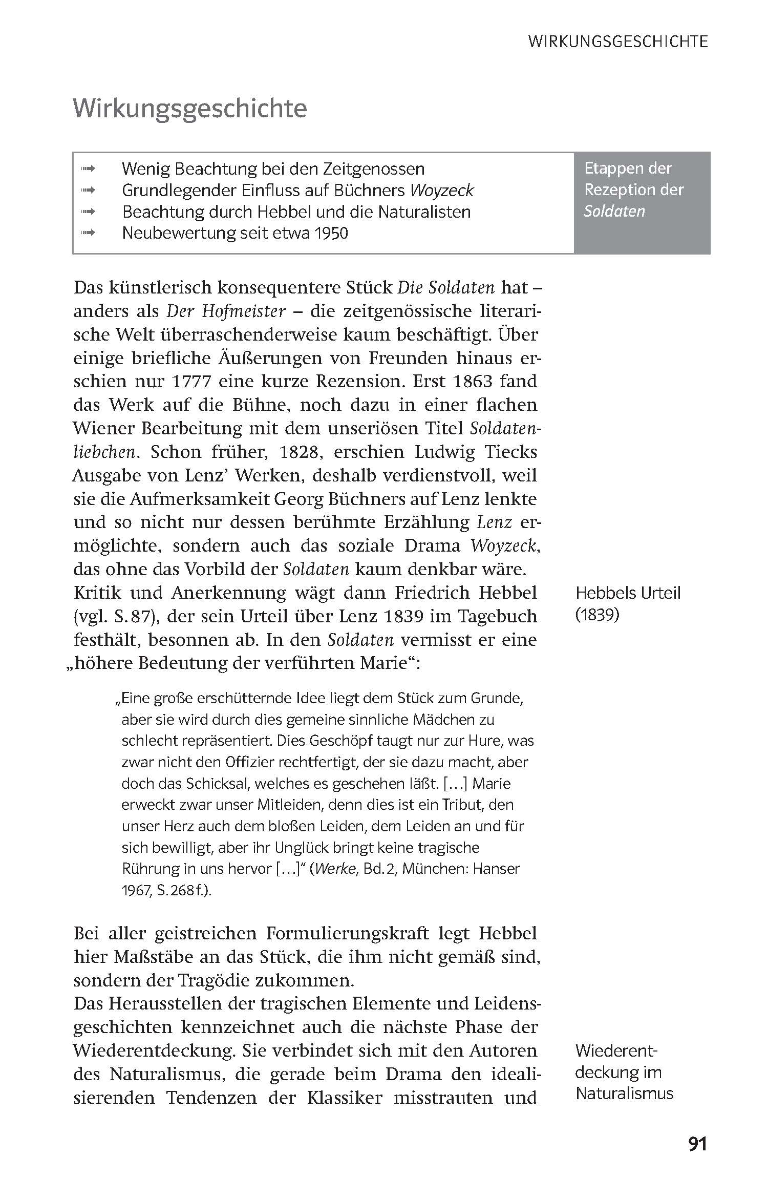 Eine Lehrbuchseite in deutscher Sprache erörtert die Wirkungsgeschichte von Georg Büchners Stück Woyzeck, mit einer Seitenleiste über Hebbels Werk und einem hervorgehobenen Abschnitt über den Naturalismus.