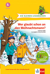 Das Buchcover zeigt zwei Kinder in Winterkleidung in einem verschneiten Wald. Der Titel lautet Wer glaubt schon an den Weihnachtsmann? mit festlichen Illustrationen und dem Logo des Klett-Verlags.