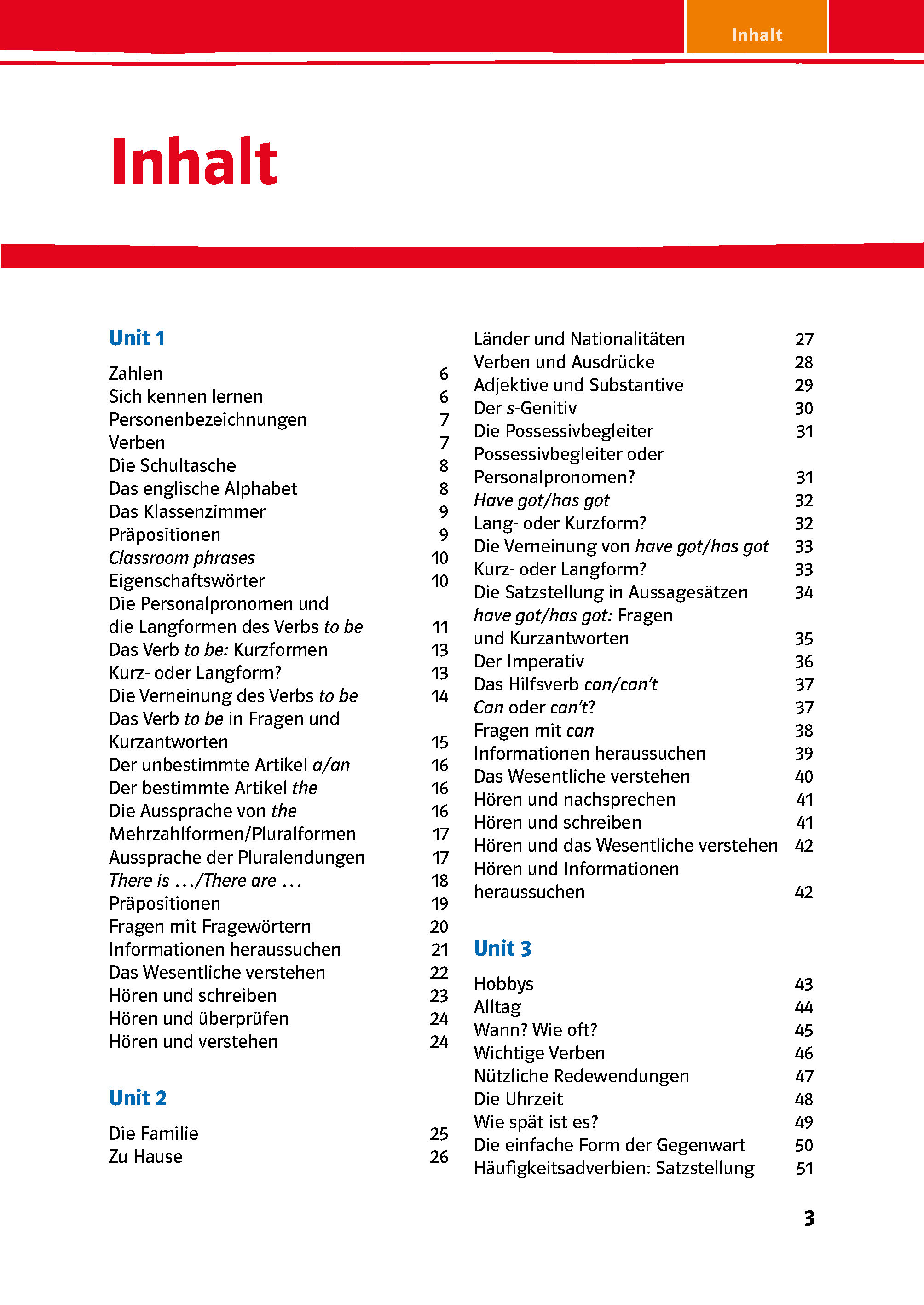 Red Line 1 - Das Trainingsbuch Ein Inhaltsverzeichnis aus einem Deutschlehrbuch, das Einheiten und Themen wie Zahlen, Pronomen, Verben und Länder auflistet, mit Seitenzahlen auf der rechten Seite. Die Überschrift Inhalt steht oben.