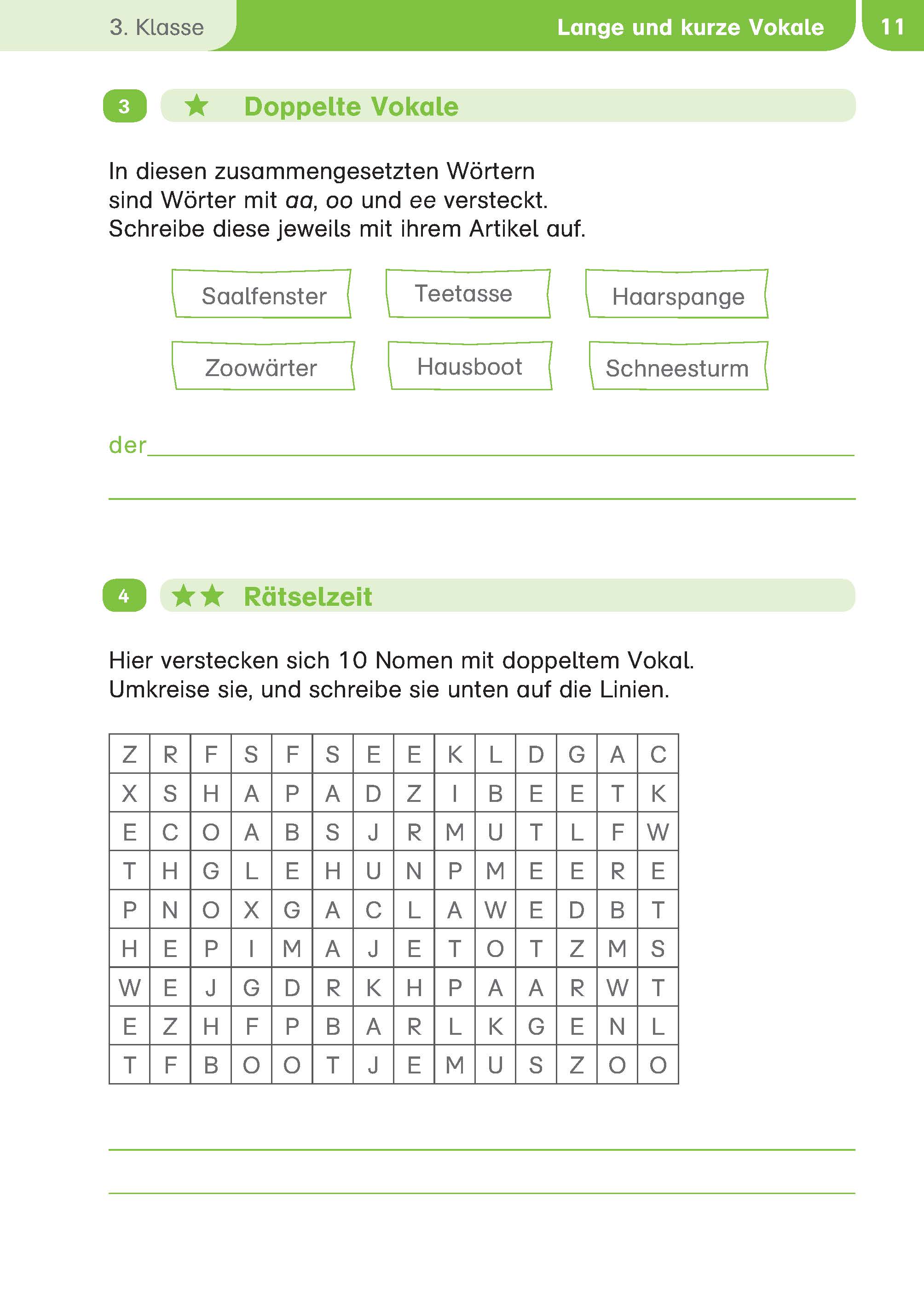 Ein Arbeitsblatt zur deutschen Sprache für die 3. Klasse mit Übungen zu Doppelvokalen und einem Wortsuchrätsel zum Finden von Substantiven mit Doppelvokalen.