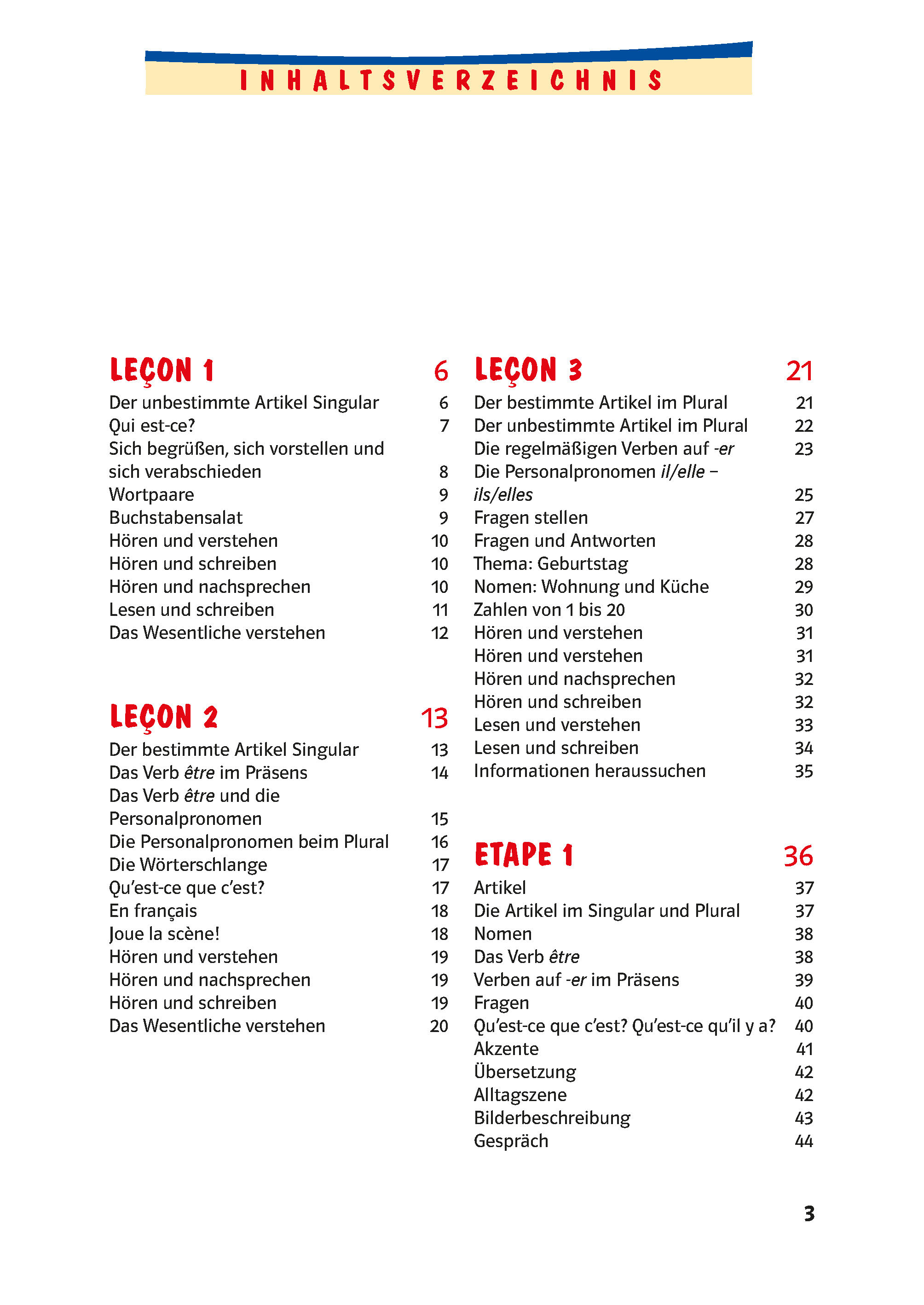 Inhaltsverzeichnis in Deutsch und Französisch mit Lektionsthemen, Seitenzahlen und Abschnittsüberschriften für deutsches Sprachlernmaterial.