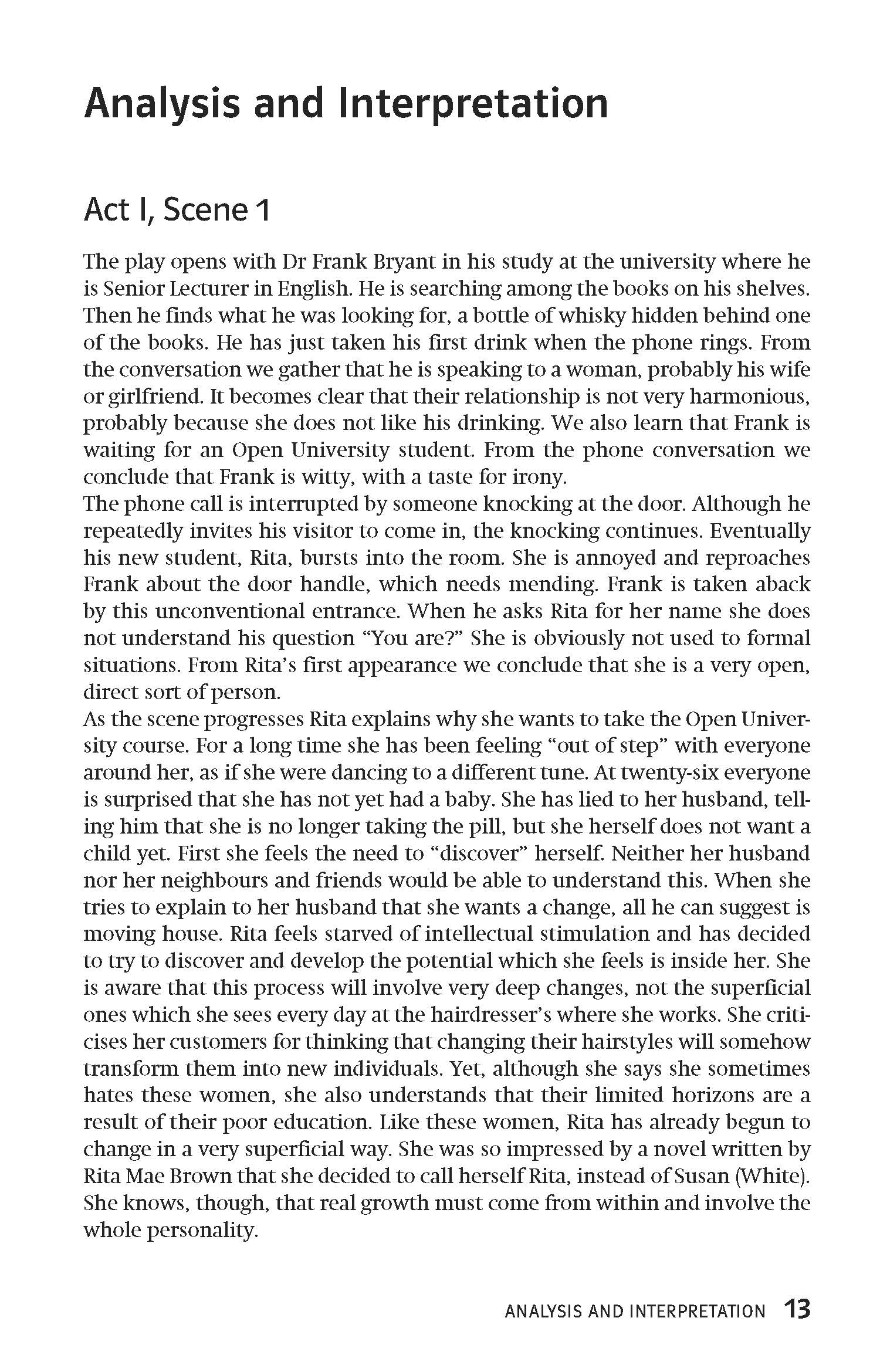 Eine gedruckte Seite mit dem Titel Analyse und Interpretation fasst Akt I, Szene 1 eines Theaterstücks mit Dr. Frank Bryant und Rita zusammen, wobei der Schwerpunkt auf ihren Interaktionen und ihrer Charakterentwicklung liegt.