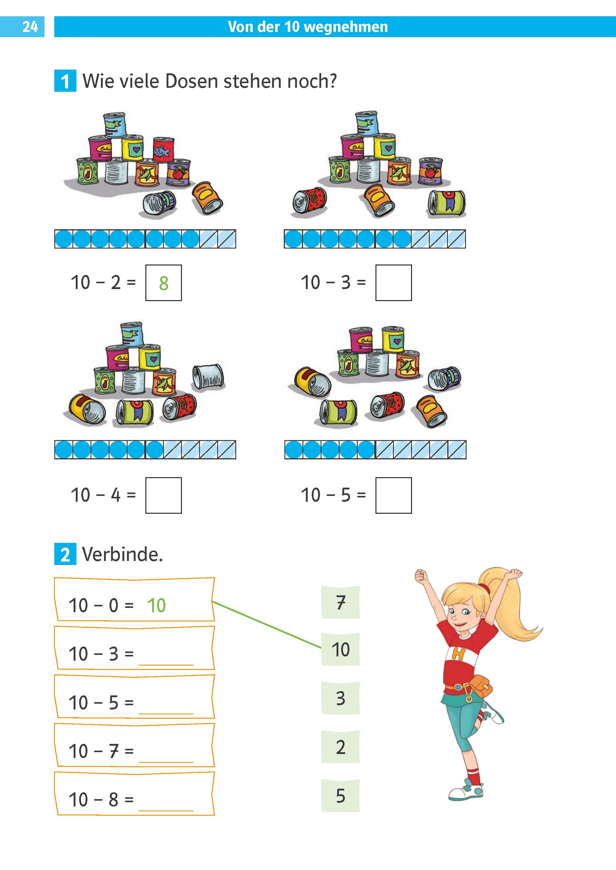 Klett Die Mathe-Helden: Rechnen bis 20, 1. Klasse Ein Mathematik-Arbeitsblatt mit Illustrationen von gestapelten Dosen, Subtraktionsaufgaben und einem springenden Mädchen; die Schüler lösen Gleichungen, indem sie Dosen entfernen und Linien zur richtigen Antwort ziehen.