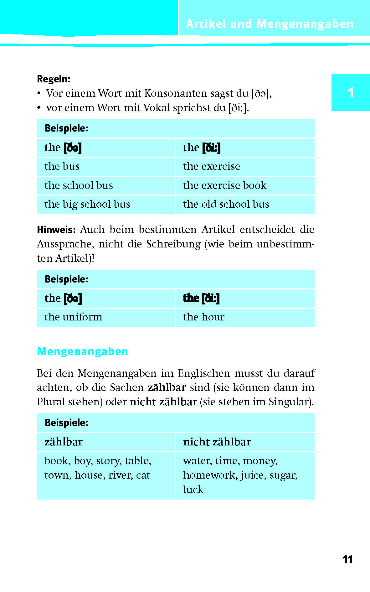 Eine deutsche Lehrbuchseite erklärt englische Artikel und zählbare Substantive, mit Vokabeltabellen und Beispielsätzen in beiden Sprachen auf weißem und türkisem Hintergrund.