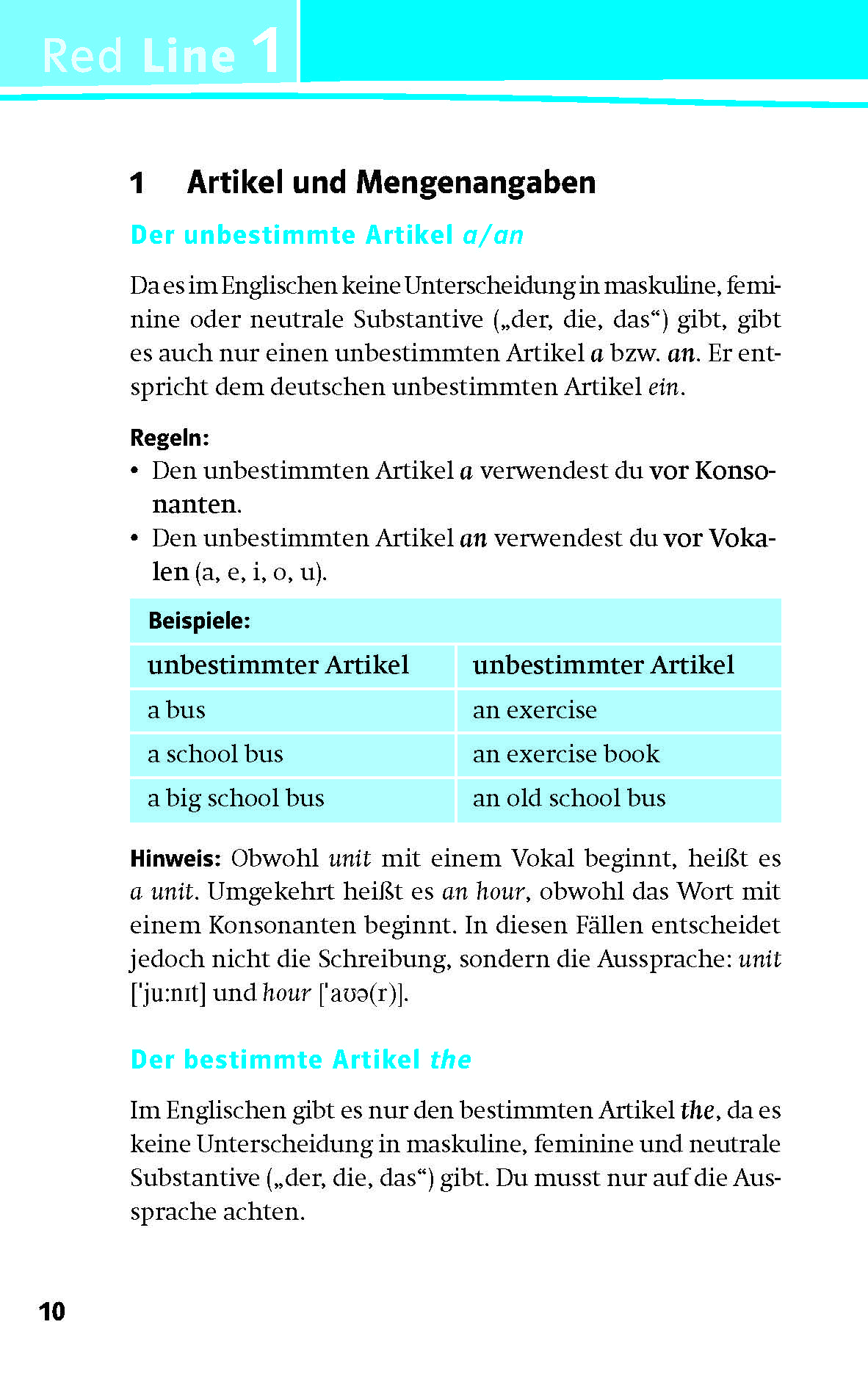 Eine Lehrbuchseite erklärt die Verwendung der englischen Artikel a und an, gibt Regeln und Beispiele in einer Tabelle und enthält einen Hinweis auf die Aussprache von u.