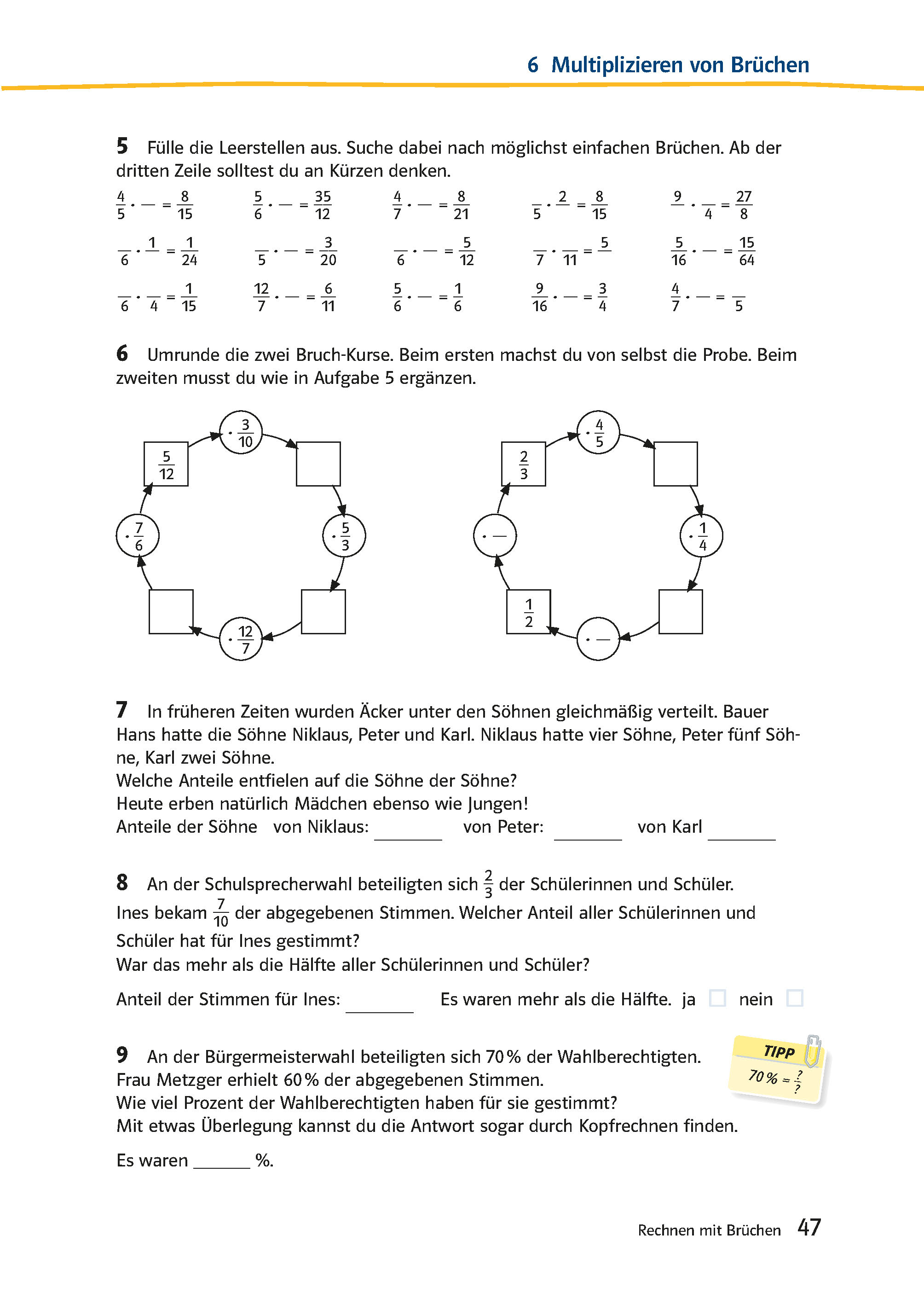 Eine Arbeitsblattseite mit Matheübungen zur Multiplikation von Brüchen, mit Zahlensätzen, Diagrammen und Wortaufgaben auf Deutsch.