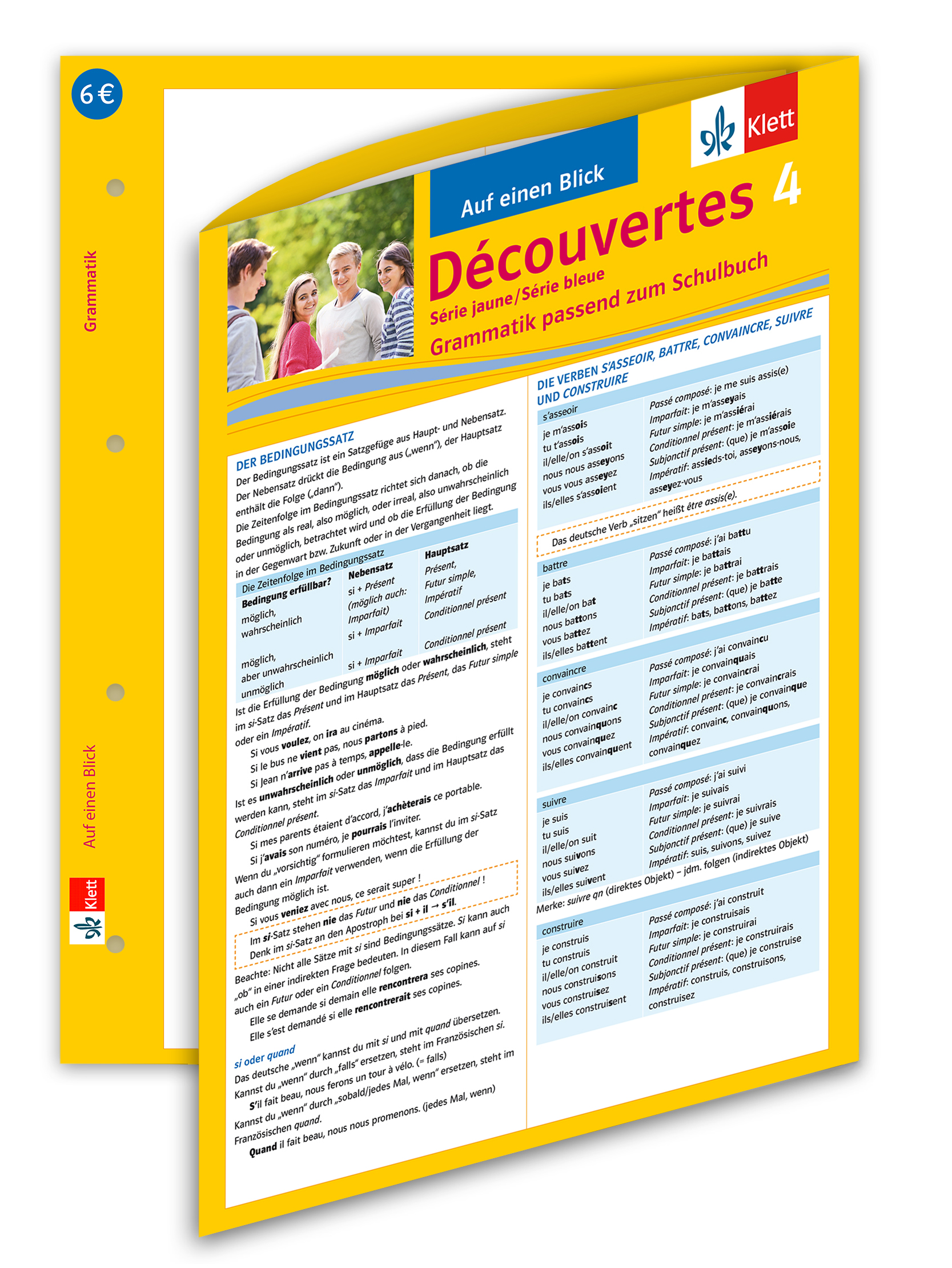 Umschlag eines deutschen Schulheftes mit dem Titel Découvertes 4, das sich mit der französischen Grammatik befasst, mit einer Tabelle und einer Gruppe von Schülern im oberen Teil.