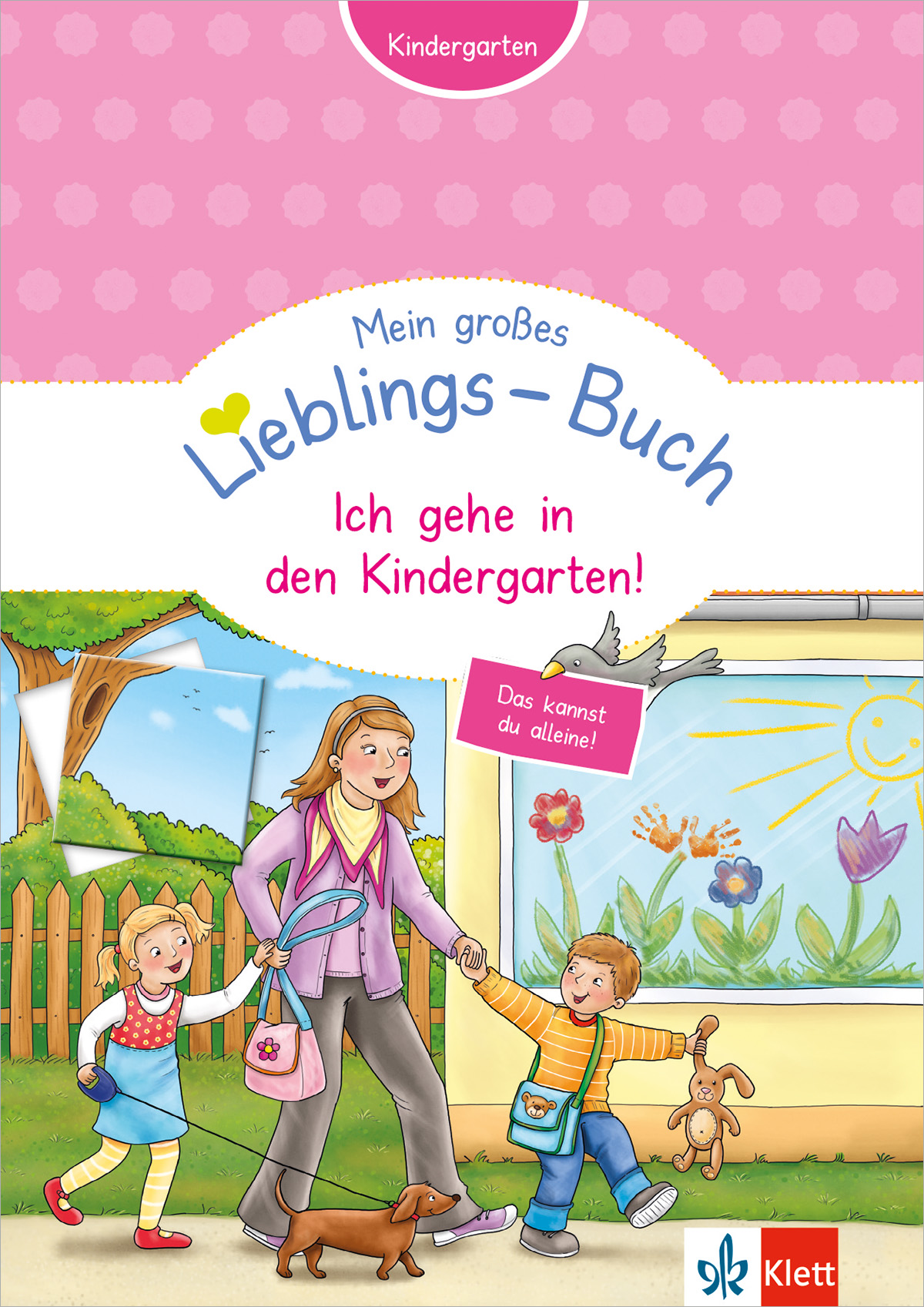 Ein illustriertes Buchcover, das eine Mutter und zwei Kinder auf dem Weg zum Kindergarten zeigt, mit einem hellen Hintergrund und spielerischen Elementen, mit dem Titel Mein großes Lieblings-Buch: Ich gehe in den Kindergarten!.