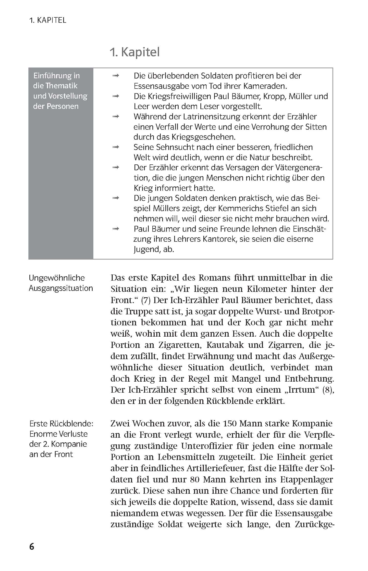 Eine Lehrbuchseite fasst das erste Kapitel von Im Westen nichts Neues mit Aufzählungspunkten und einem einleitenden Textblock auf Deutsch zusammen.