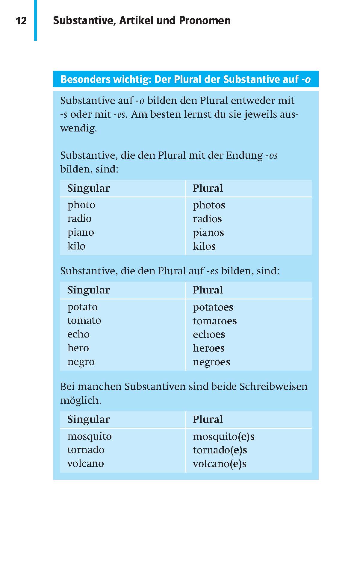 Eine deutsche Lehrbuchseite erklärt die Pluralformen englischer Substantive, die auf -o enden, und liefert Beispiele in Tabellenform für die Singular- und Pluralformen.
