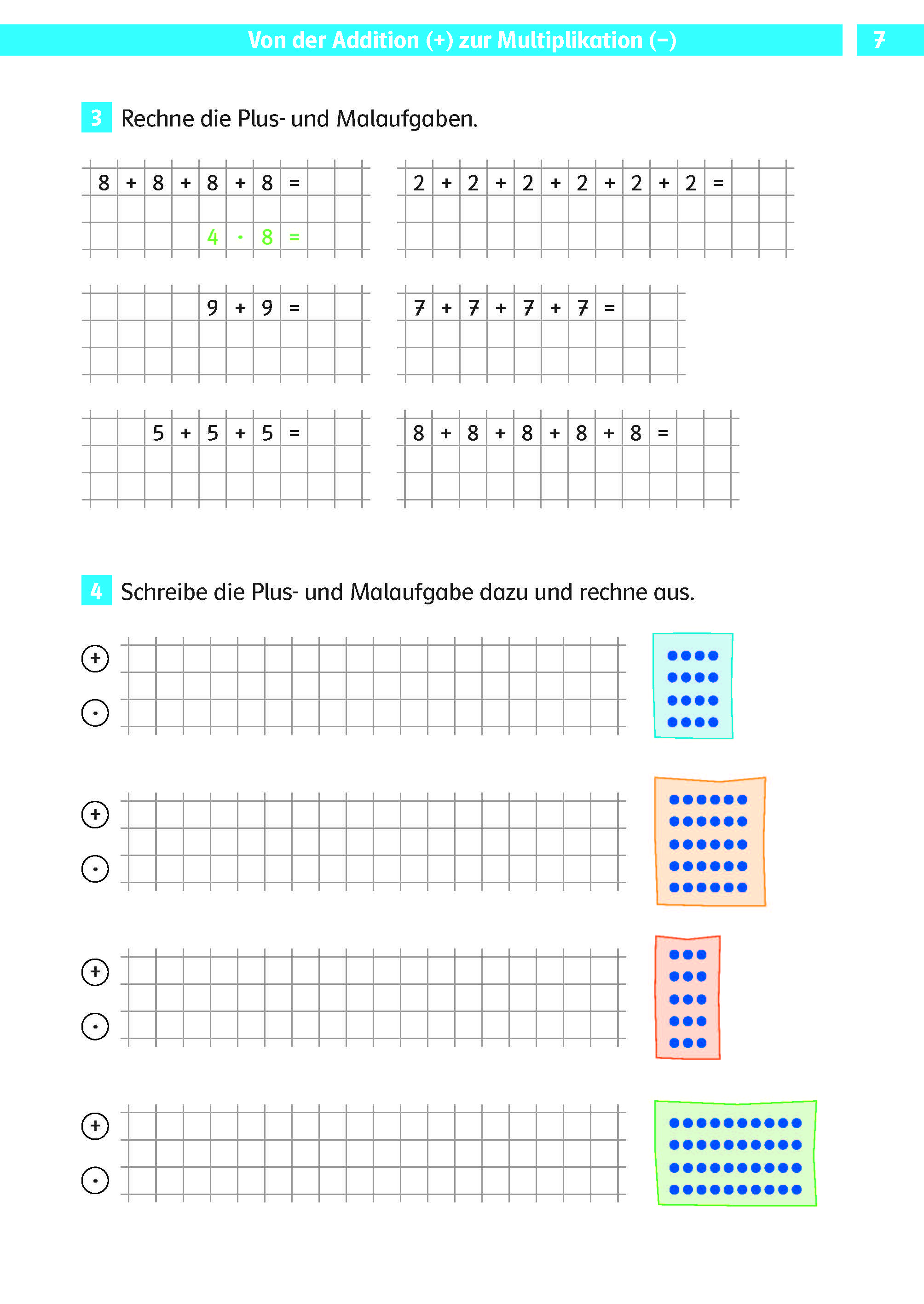 Klett Die Mathe-Helden: Das kleine Einmaleins 2./3. Klasse Ein Arbeitsblatt mit Gittern mit Additions- und Multiplikationsaufgaben, gefolgt von leeren Gittern und Bildern von Punktfeldern für weitere mathematische Übungen.