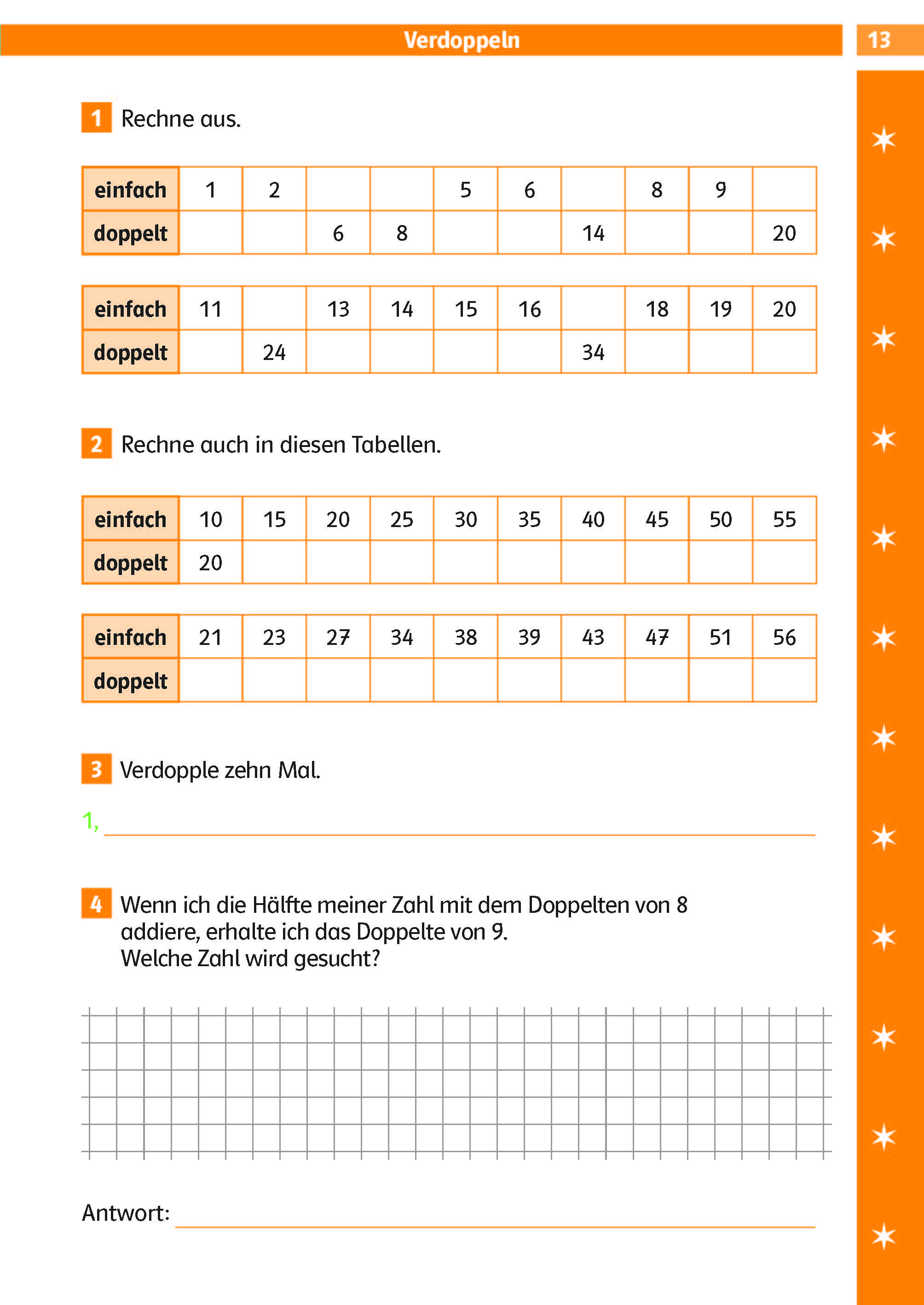 Klett Die Mathe-Helden: Das kleine Einmaleins 2./3. Klasse Ein deutsches Arbeitsblatt zur Verdopplung von Zahlen, das Tabellen mit Zahlen und ihren Verdoppelungen sowie einige zugehörige Übungen mit Leerzeichen für die Antworten enthält.