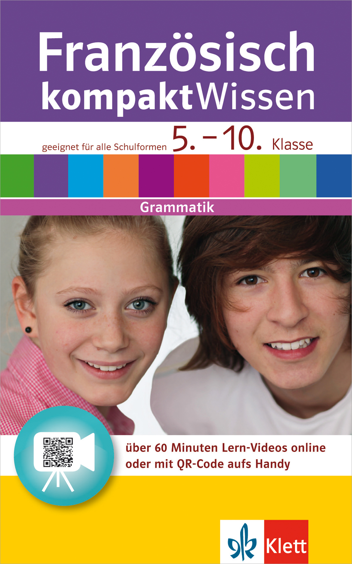 Umschlag eines deutschen Lehrbuchs mit dem Titel Französisch kompaktWissen für die Klassen 5-10 mit zwei lächelnden Jugendlichen und einem QR-Code für Online-Lernvideos.