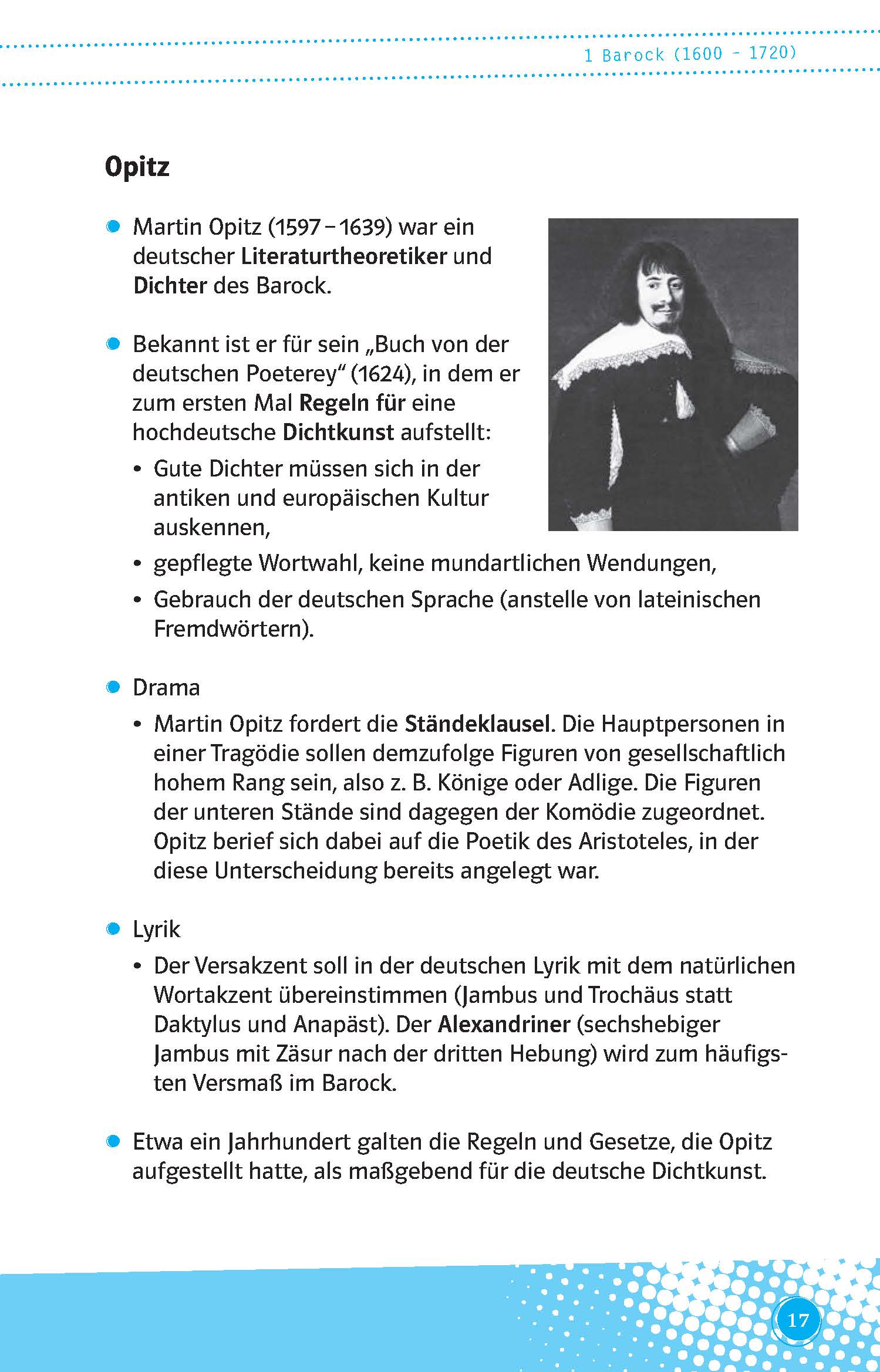 Eine Präsentationsfolie über Martin Opitz skizziert seinen Einfluss auf die deutsche Dichtung, wichtige Regeln für Dichter, seine Dramenwerke und sein Eintreten für die Ständeklausel.