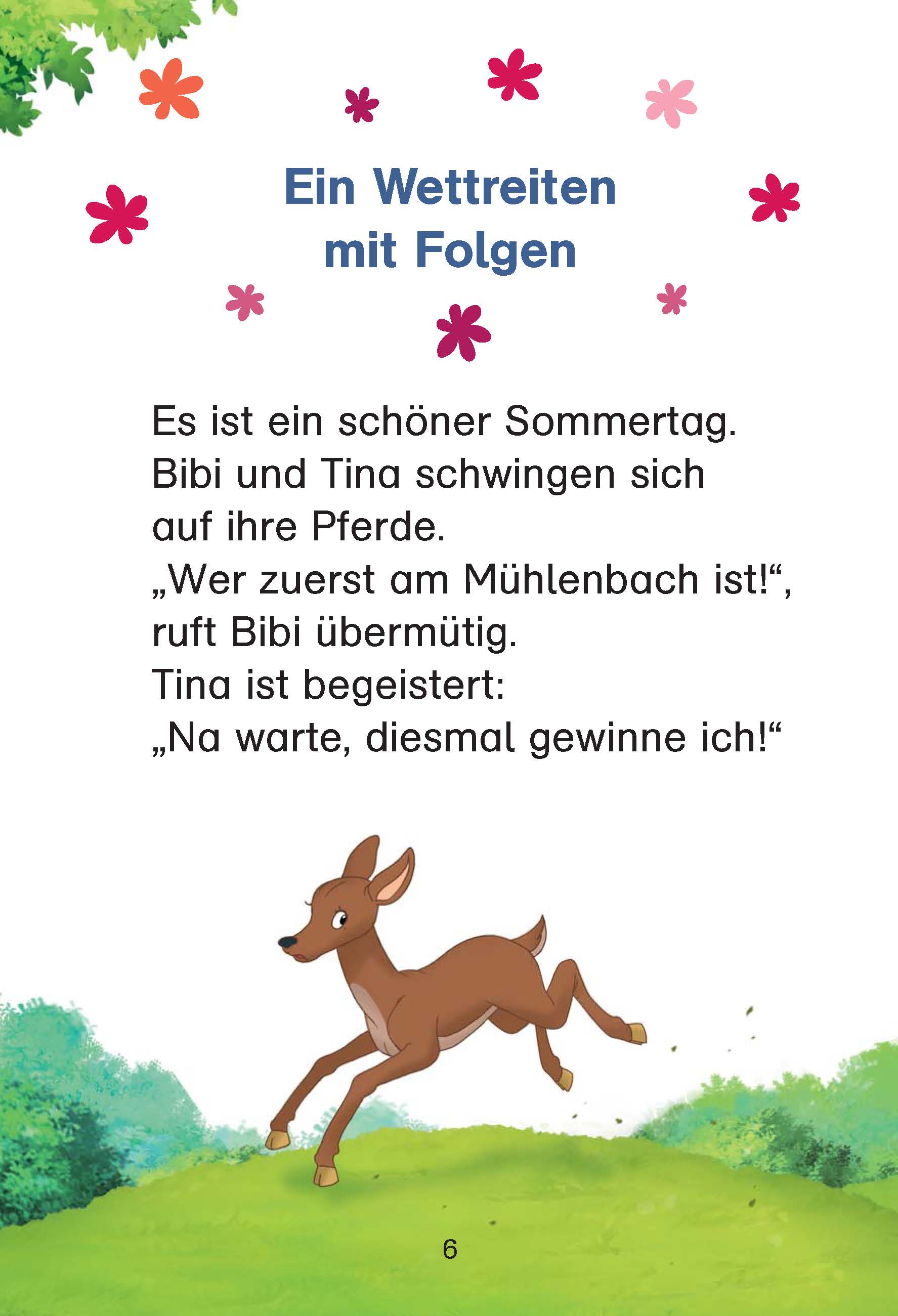 Bibi & Tina: Pferde satteln, fertig, los! Ein Rehkitz läuft im Gras vor Büschen und Bäumen unter einem blauen Himmel mit rosa Blumen, daneben ein deutscher Text aus einem Kinderbuch.