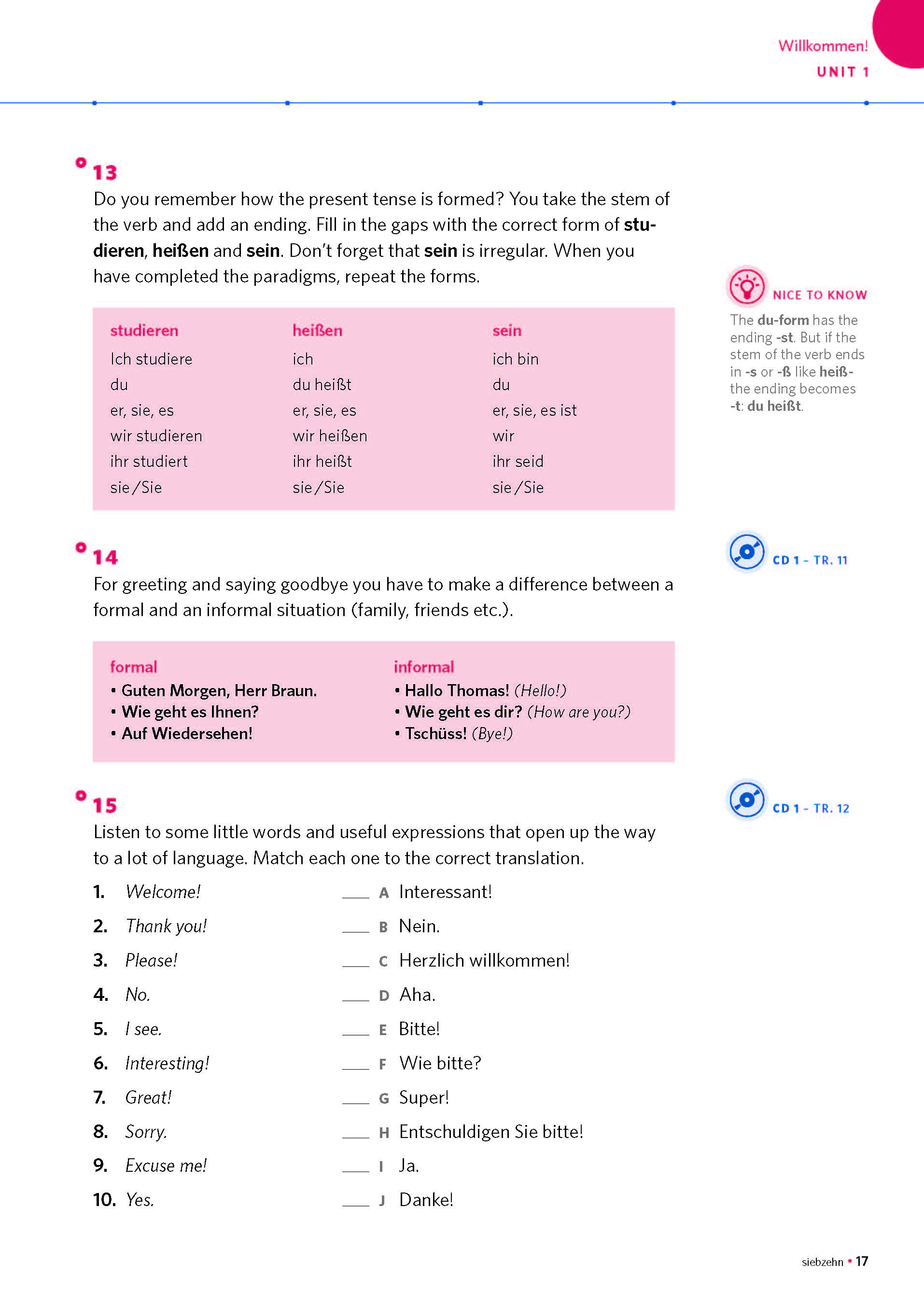 Eine Seite aus dem Lehrbuch der deutschen Sprache mit Konjugationen von Verben, Grußformeln und einer Übung, in der deutsche Sätze mit ihren englischen Übersetzungen verglichen werden.