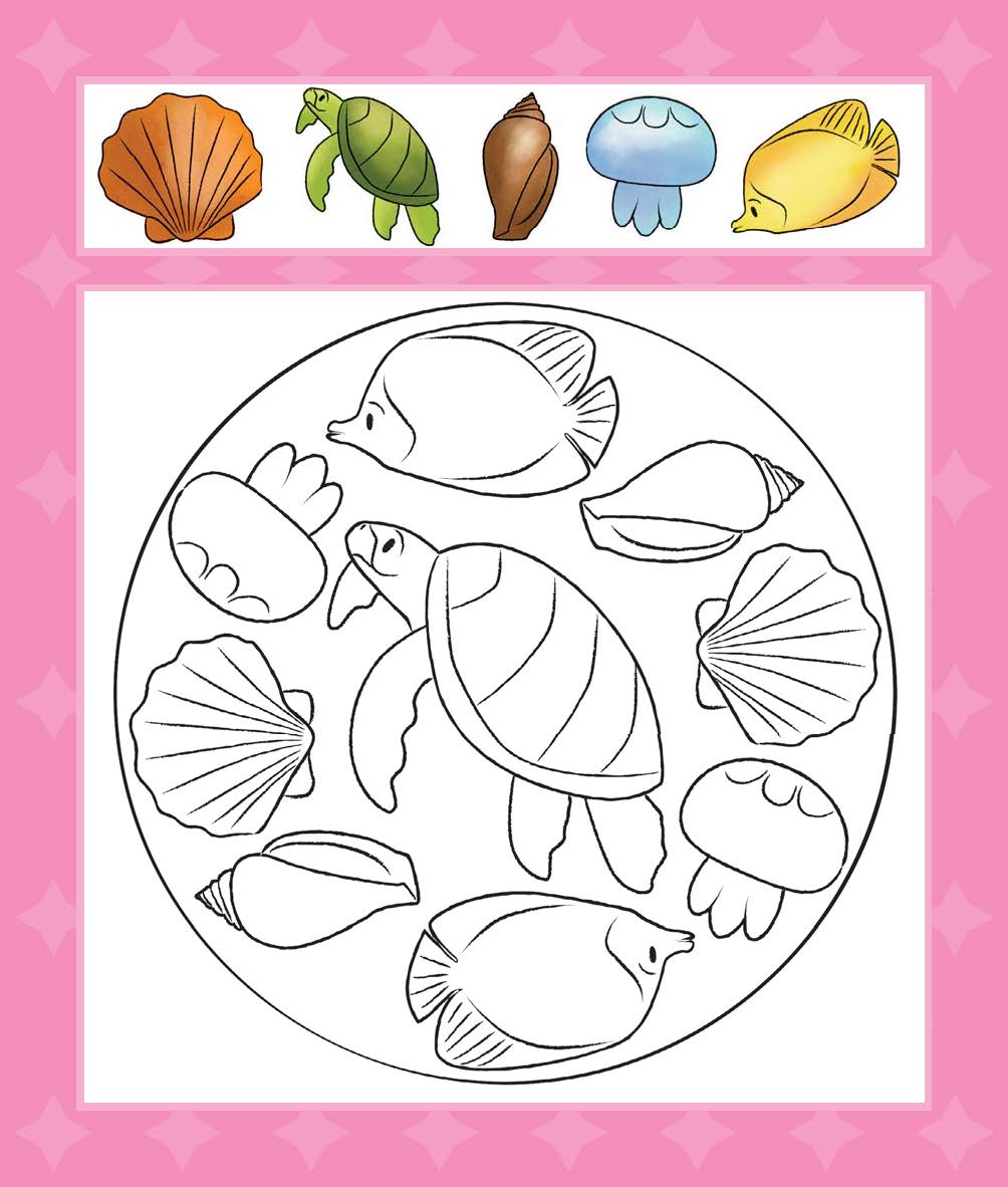 Klett Mein Lieblings-Block für unterwegs Eine schwarz-weiße Malvorlage mit Meerestieren, darunter eine Schildkröte, Fische, Muscheln und Quallen, mit farbigen Beispielen der einzelnen Tiere, die über dem Kreis angezeigt werden.