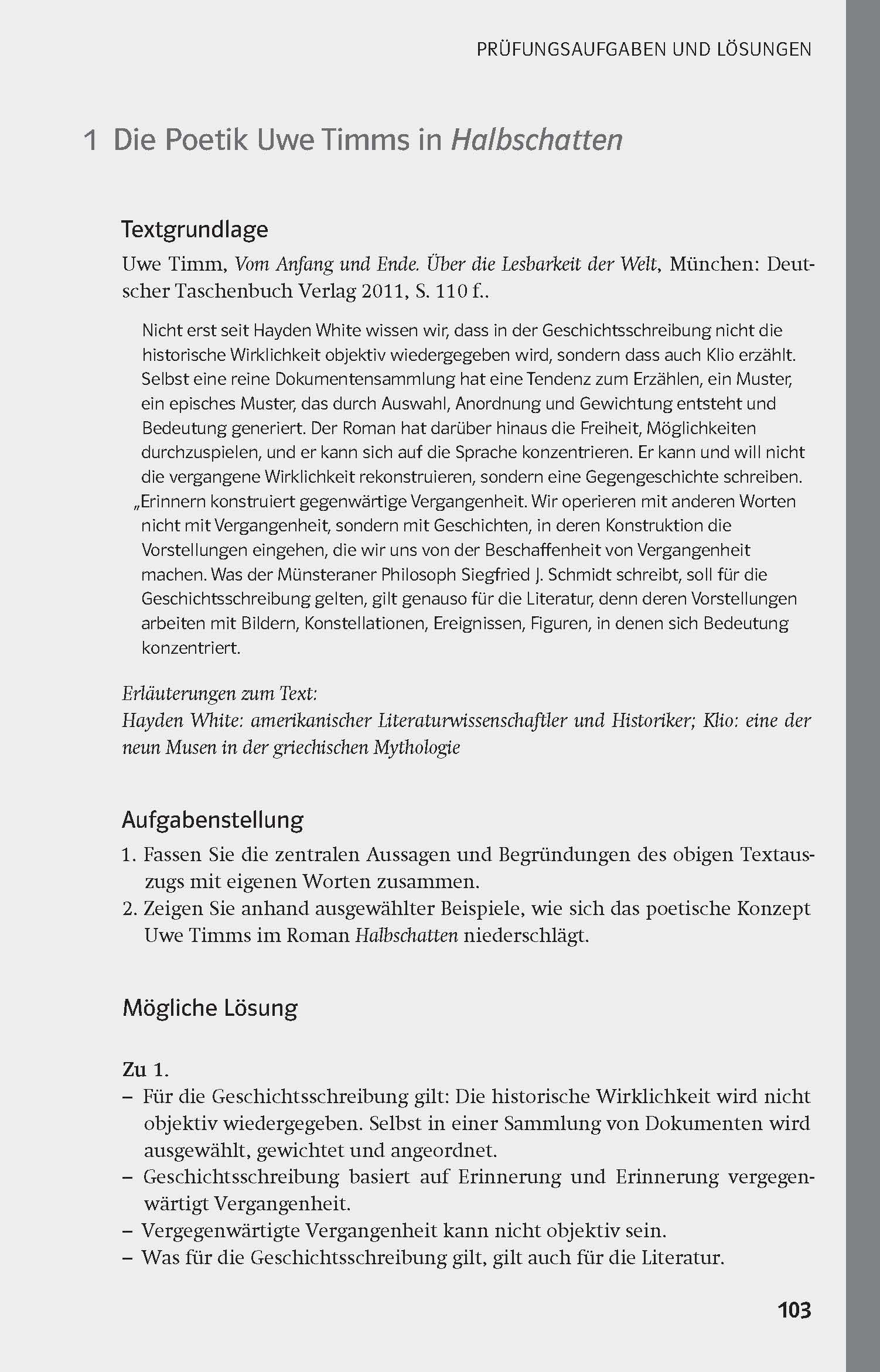 Eine Seite aus einem deutschen Lehrbuch mit einer Analyse von Uwe Timms Halbschatten, mit Textauszügen und Kommentaren unter dem Titel Die Poetik Uwe Timms in Halbschatten.