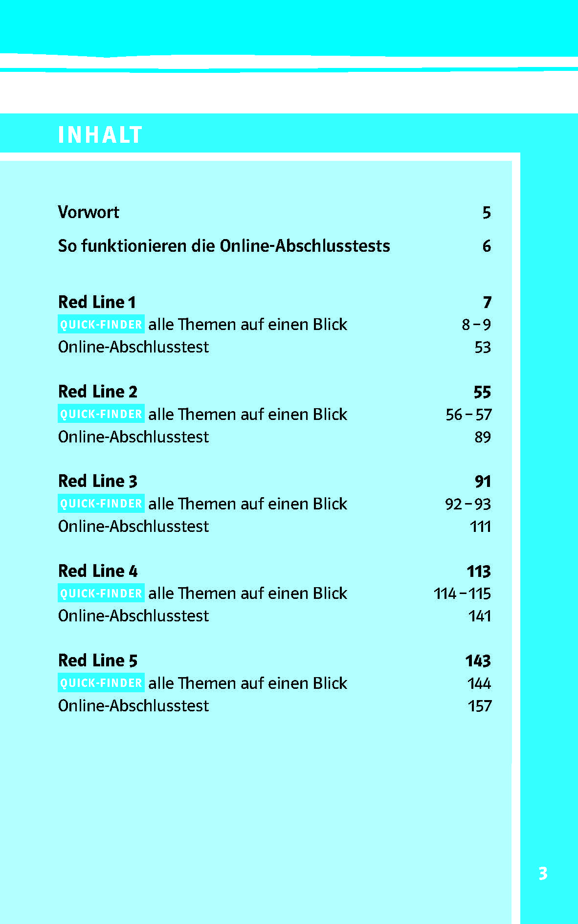 Inhaltsverzeichnis in deutscher Sprache mit Abschnitten für die Red Lines 1-5, mit Seitenzahlen und Themen einschließlich QUICK-FINDER und Online-Abschlusstest.