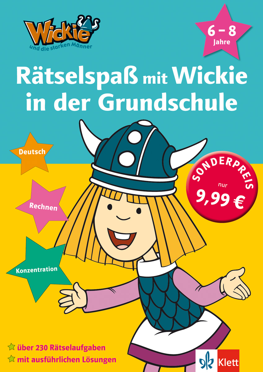 Buntes Arbeitsbuch mit der Zeichentrickfigur Wickie mit Wikingerhelm, das Rätselaktivitäten für Grundschulkinder im Alter von 6-8 Jahren in deutscher Sprache fördert.