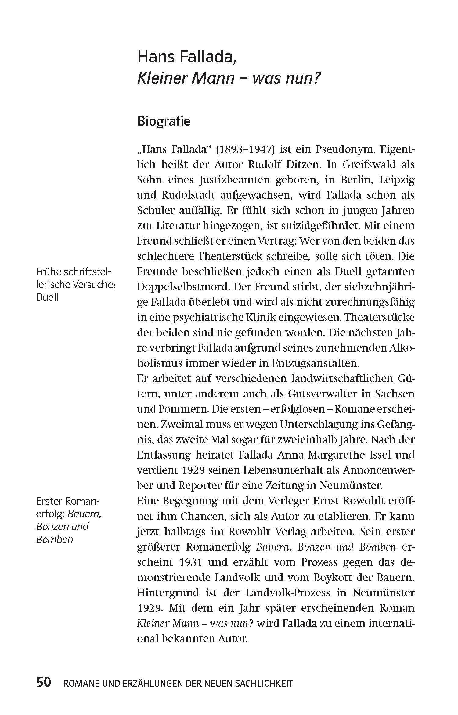 Klett Lektürehilfen Neue Sachlichkeit Eine Seite aus einem deutschen Buch mit einer Biografie von Hans Fallada, einschließlich Textblöcken und Kapitelüberschriften, mit Schwerpunkt auf seinem frühen Schreiben und seinem ersten Roman.