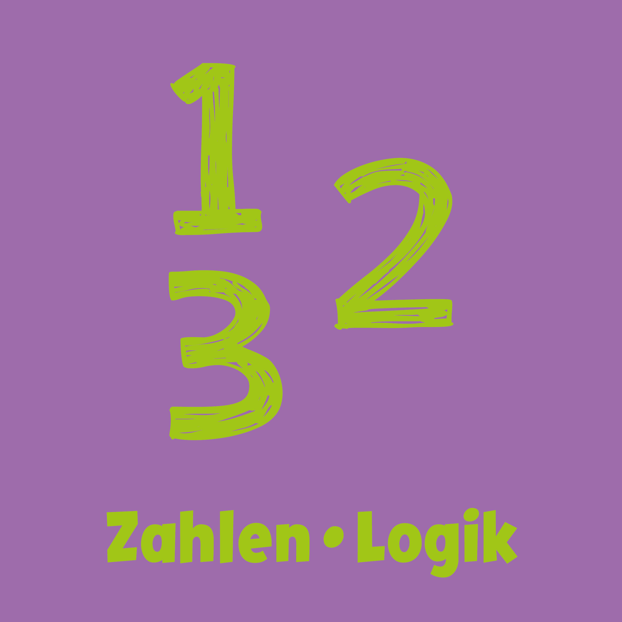 Die gelben Zahlen 1, 3 und 2 sind vertikal auf einem violetten Hintergrund angeordnet, mit der Aufschrift Zahlen - Logik in Gelb am unteren Rand.